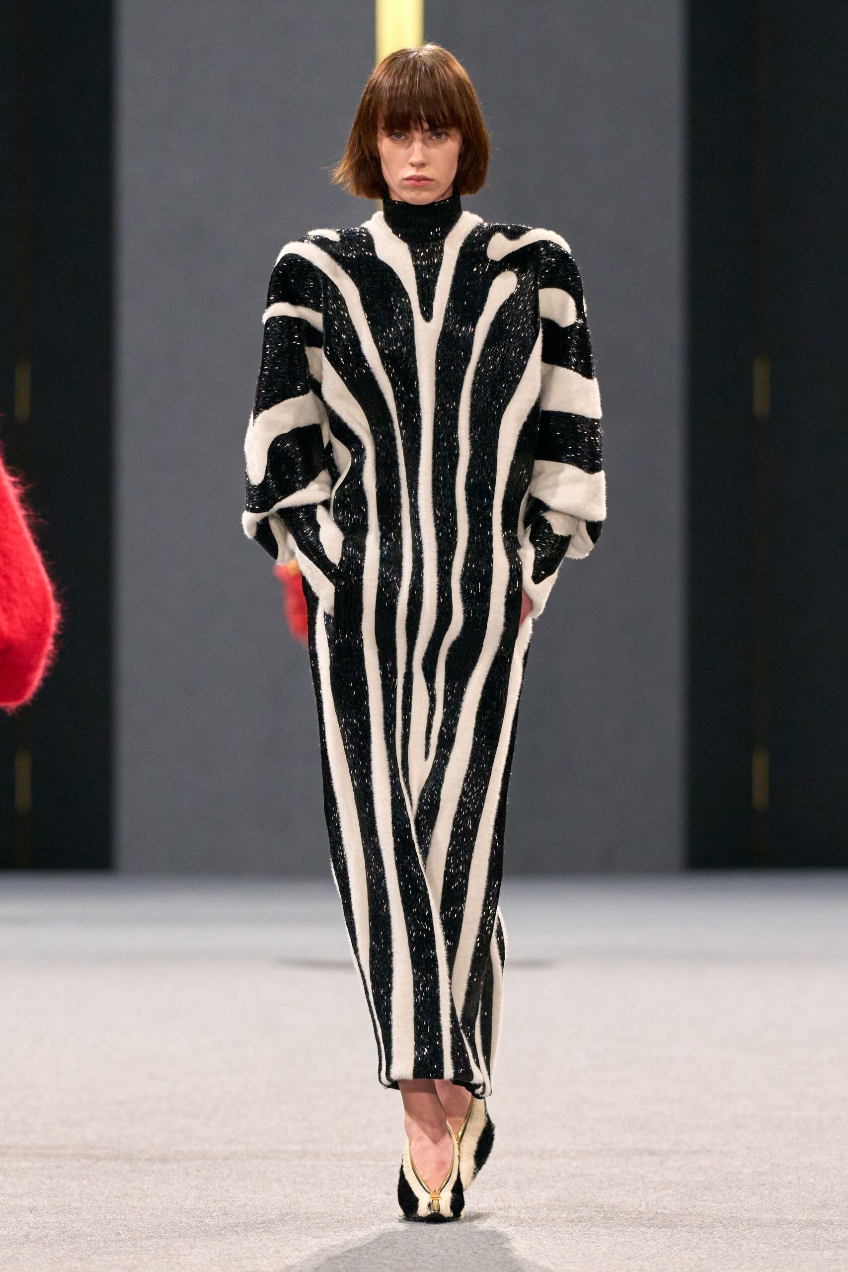 black sequin long-sleeve high-neck fitted striped shiny dress