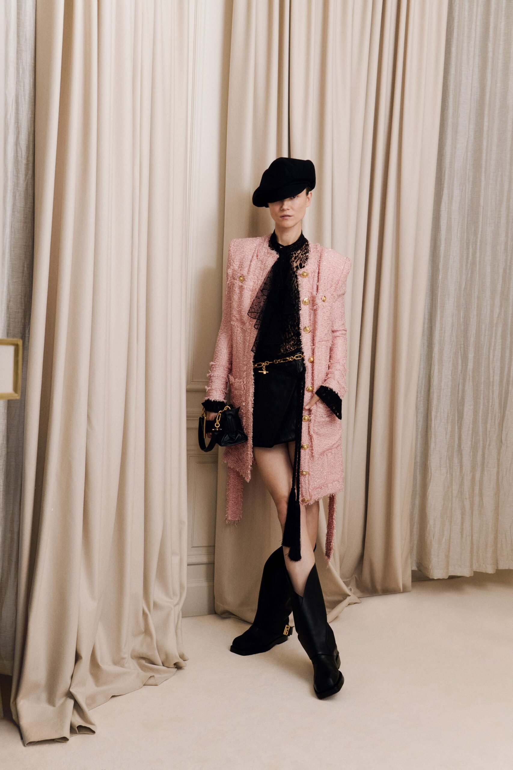 pink tweed long-sleeve collared structured buttoned midi coat