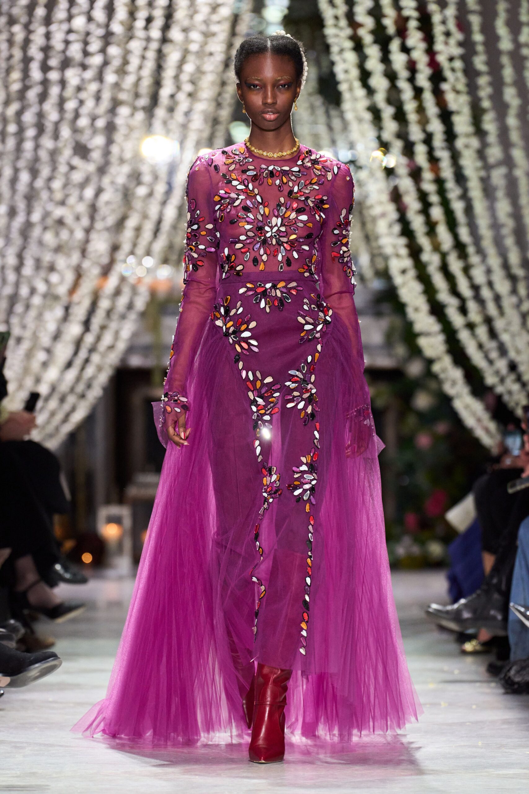 purple tulle long-sleeve v-neck fitted embellished layered gown