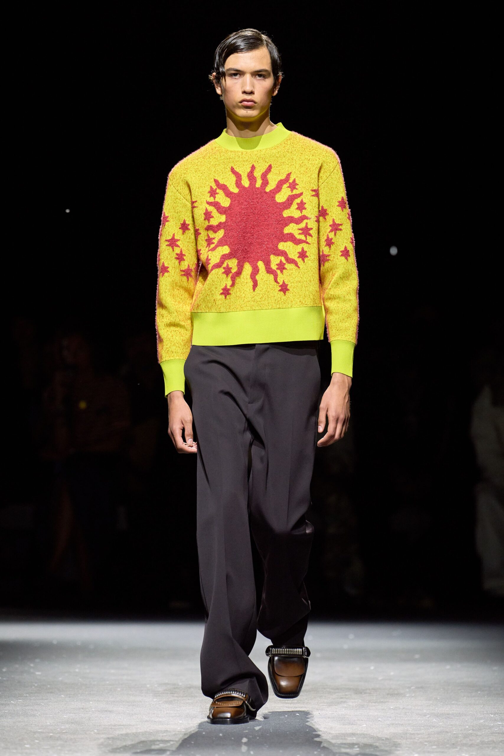 yellow cotton long-sleeve high-neck fitted printed sweater