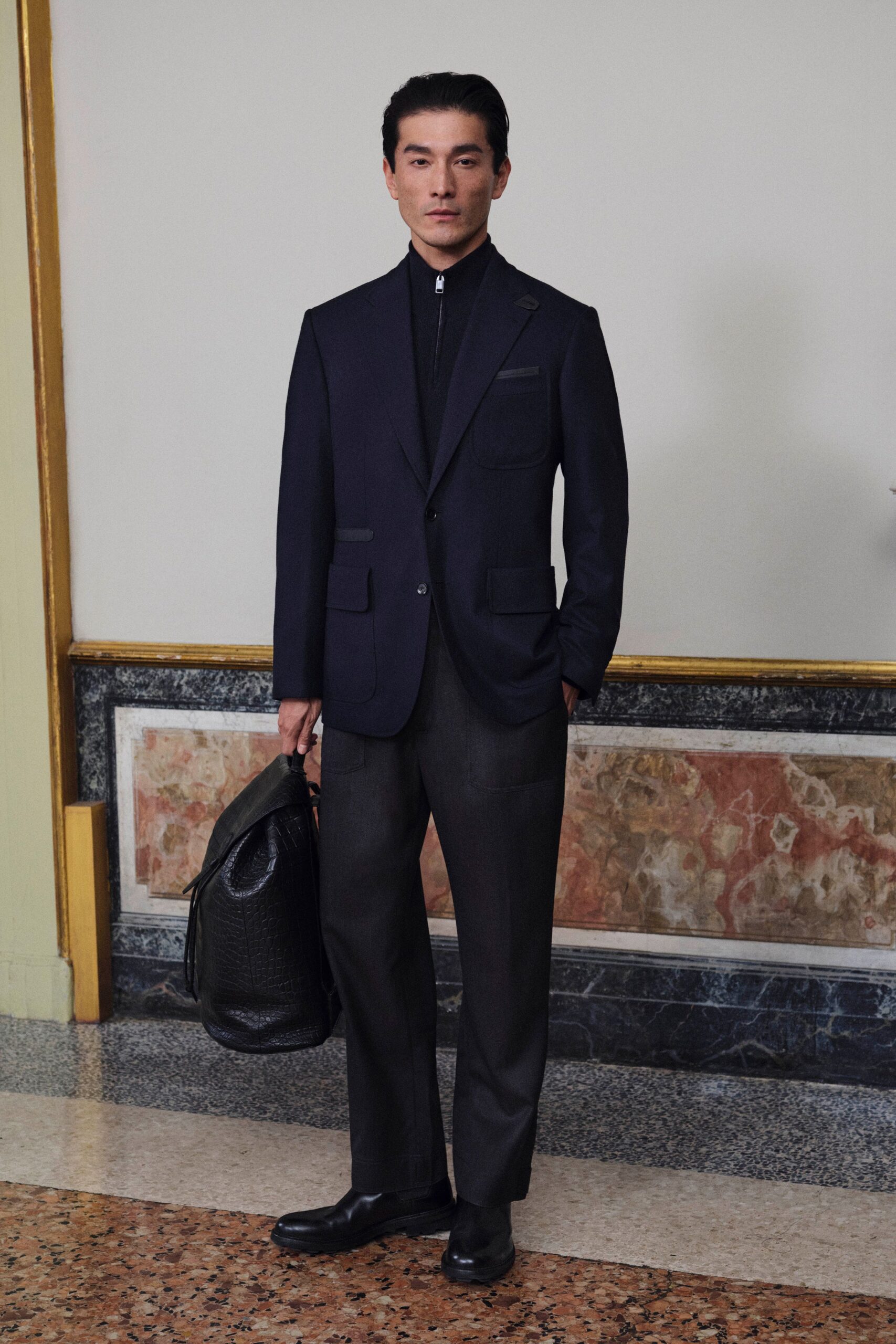 black blazer gray pants