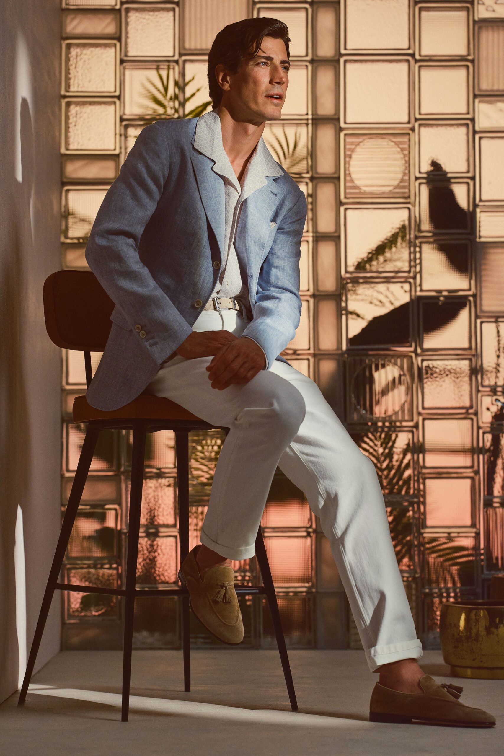blue tailored blazer with white shirt