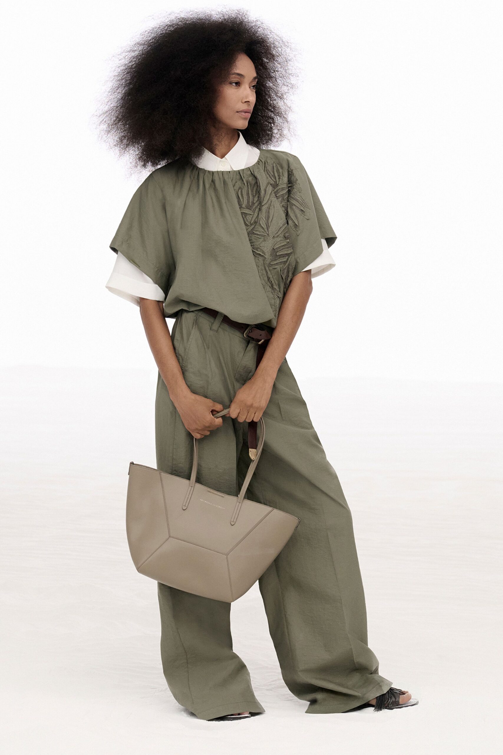 green cotton short-sleeve collared relaxed embroidered top