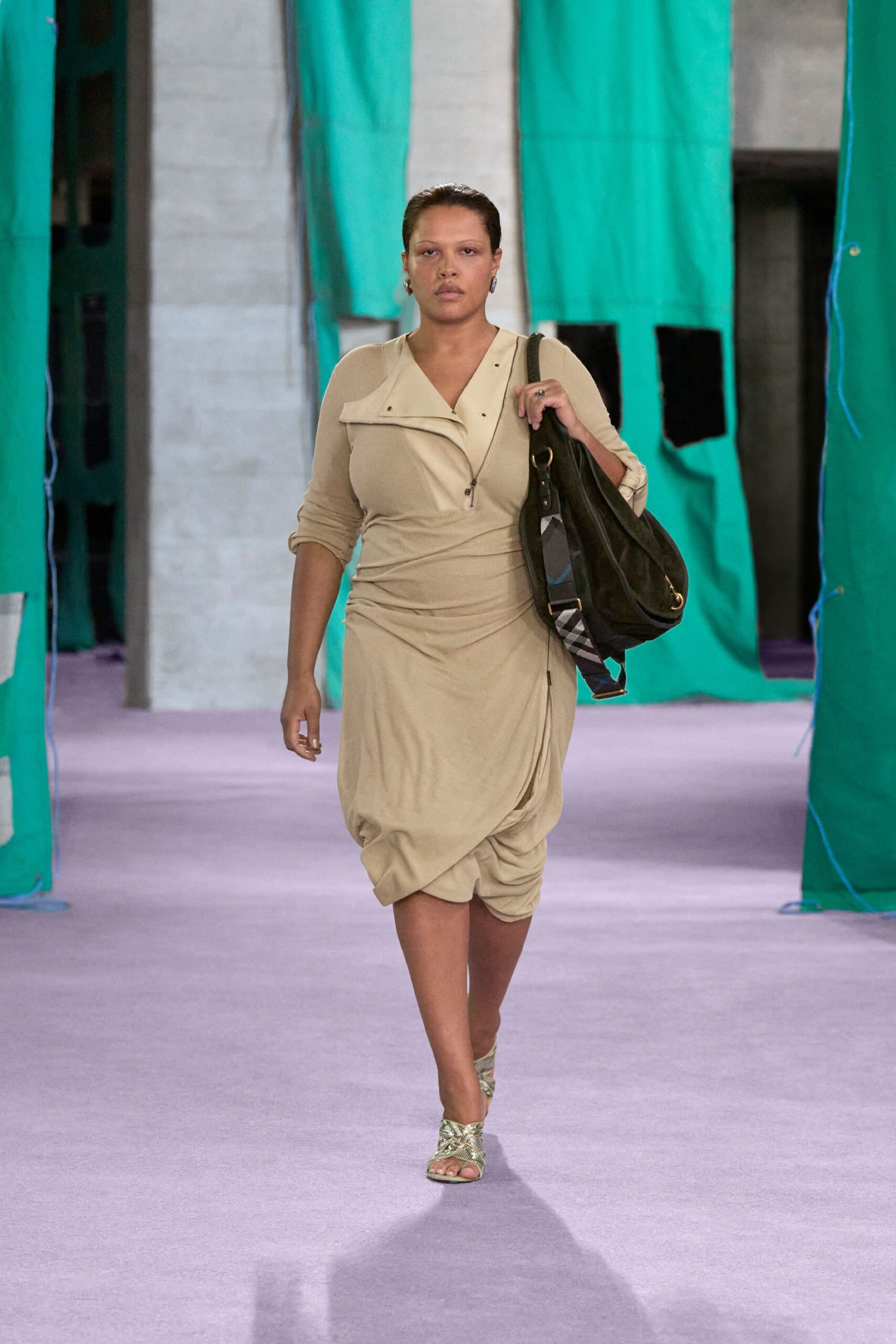beige fitted midi dress with bag