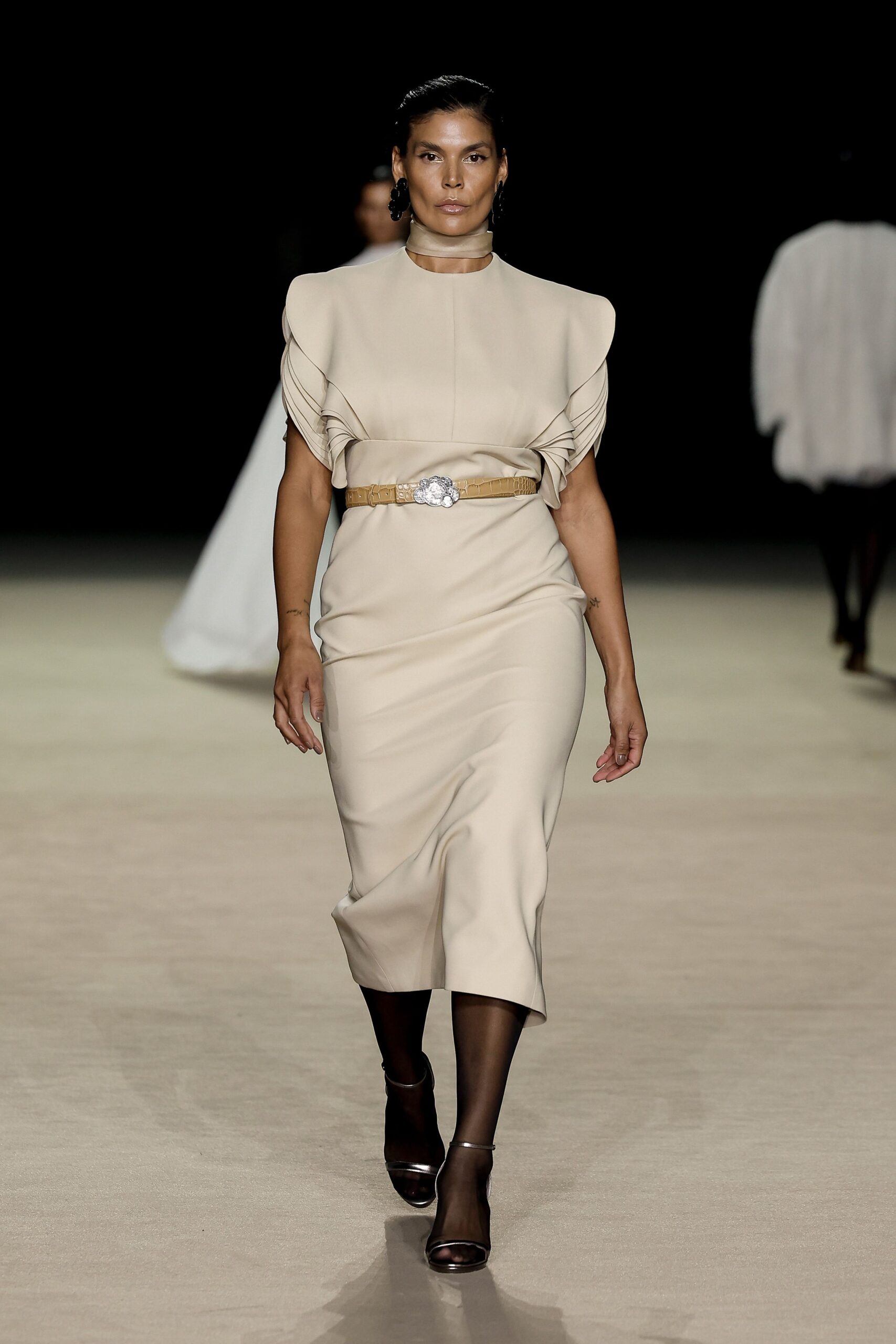 beige fitted midi dress