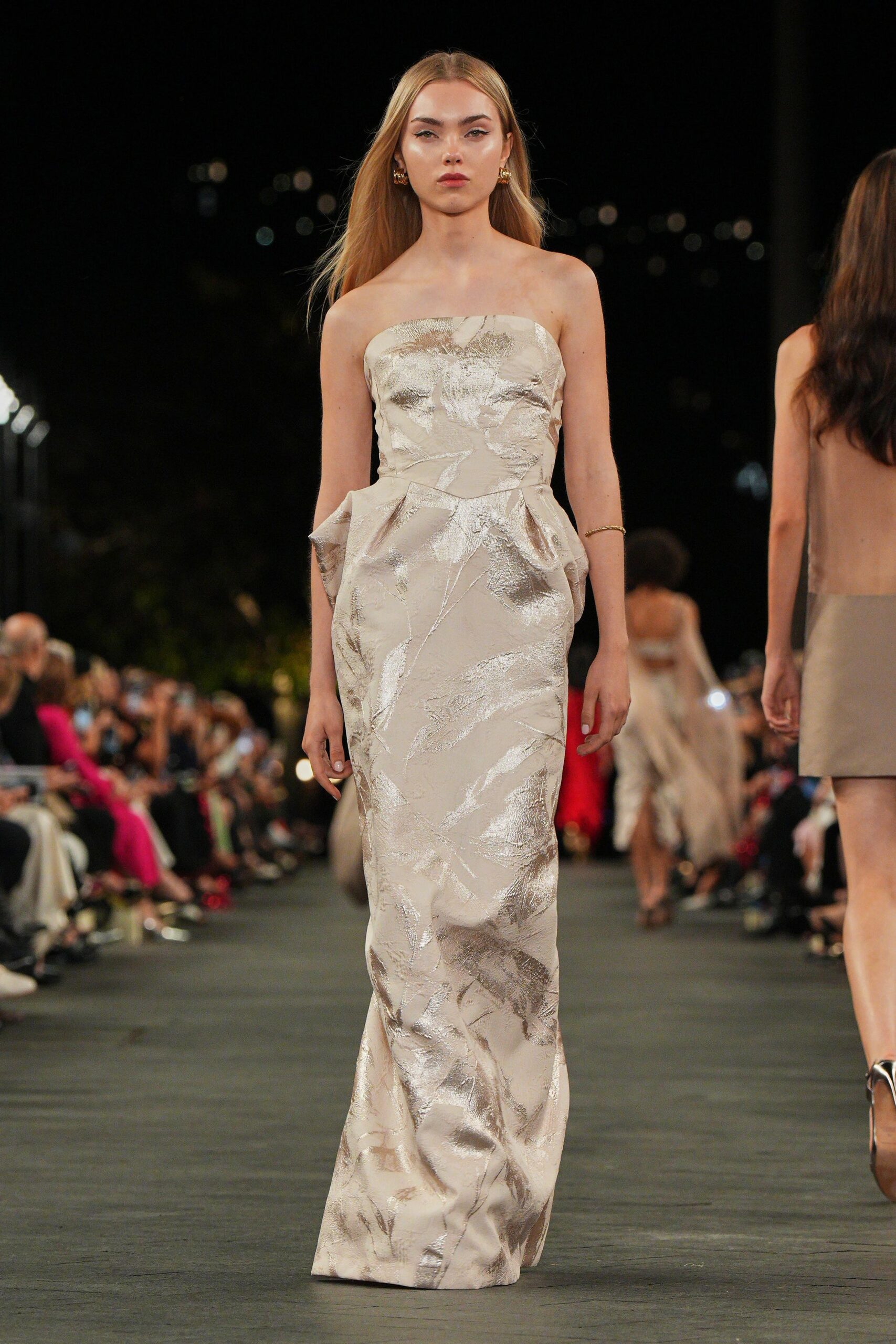 champagne strapless metallic gown