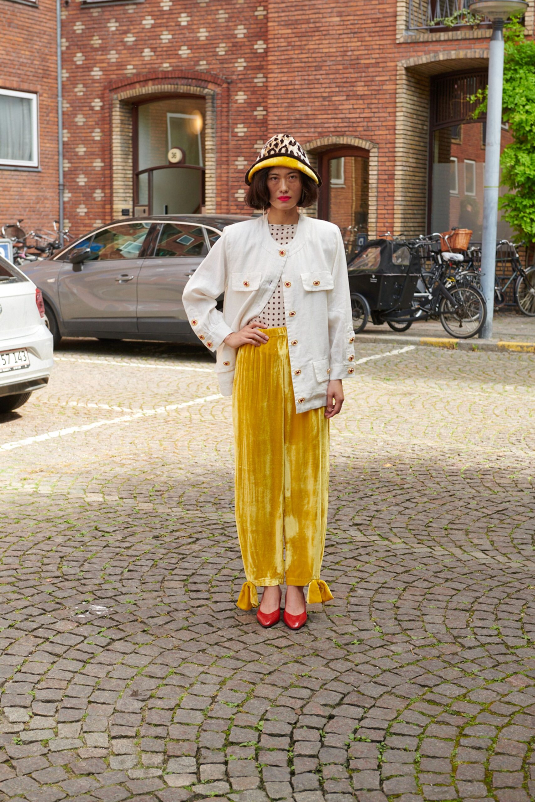 beige animal-print hat