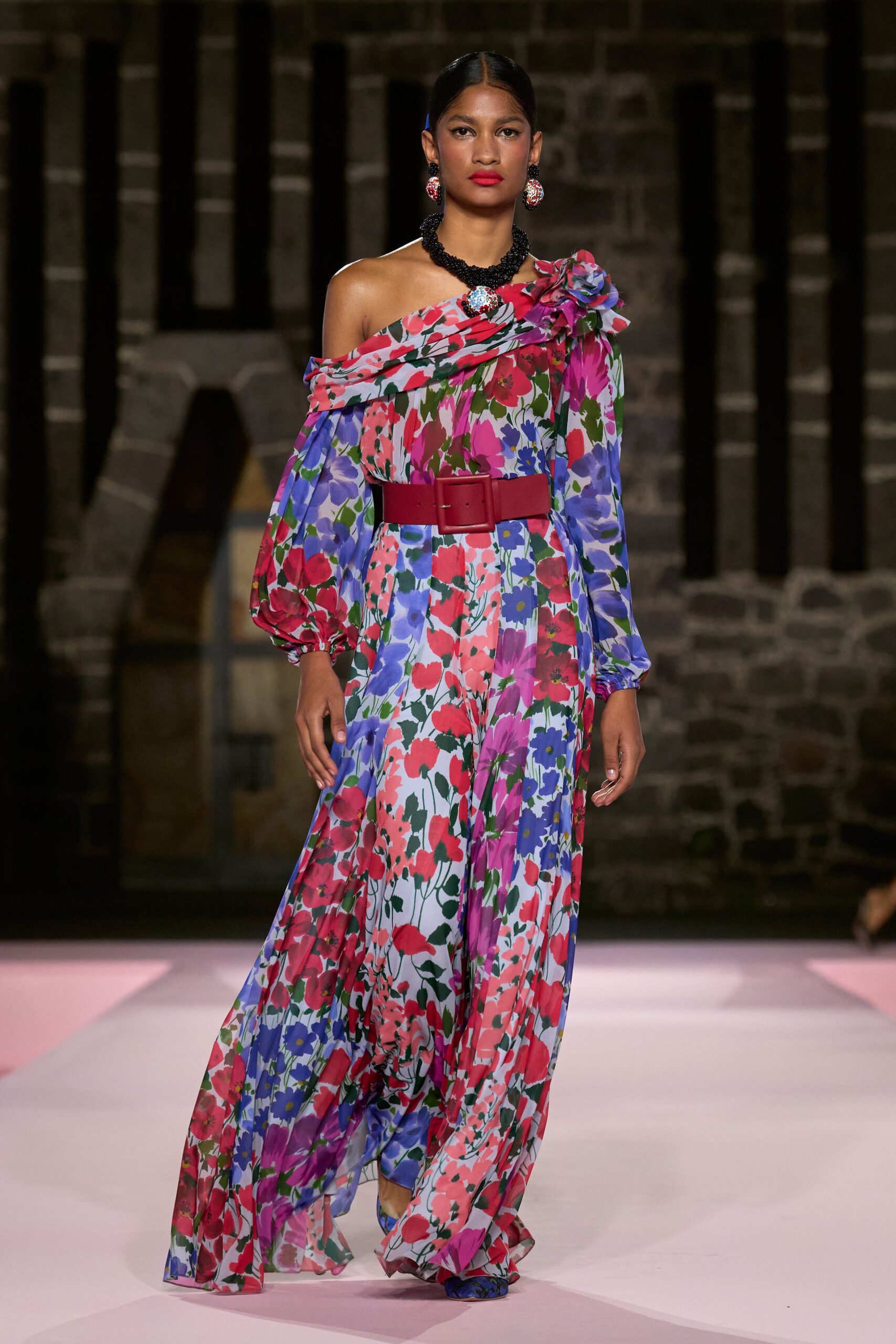 red silk long-sleeve off-shoulder relaxed floral layered gown