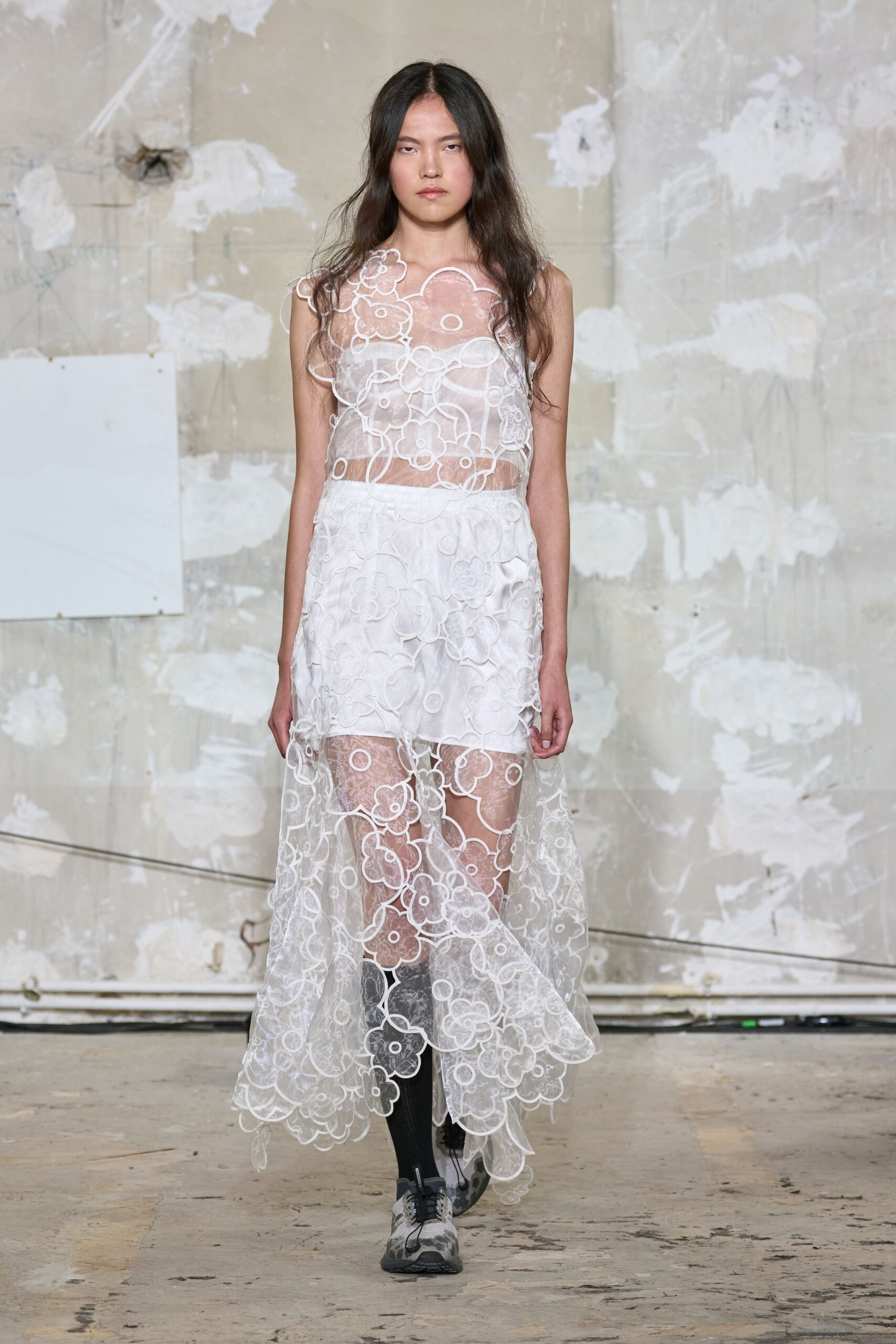 white lace midi dress with black shoes