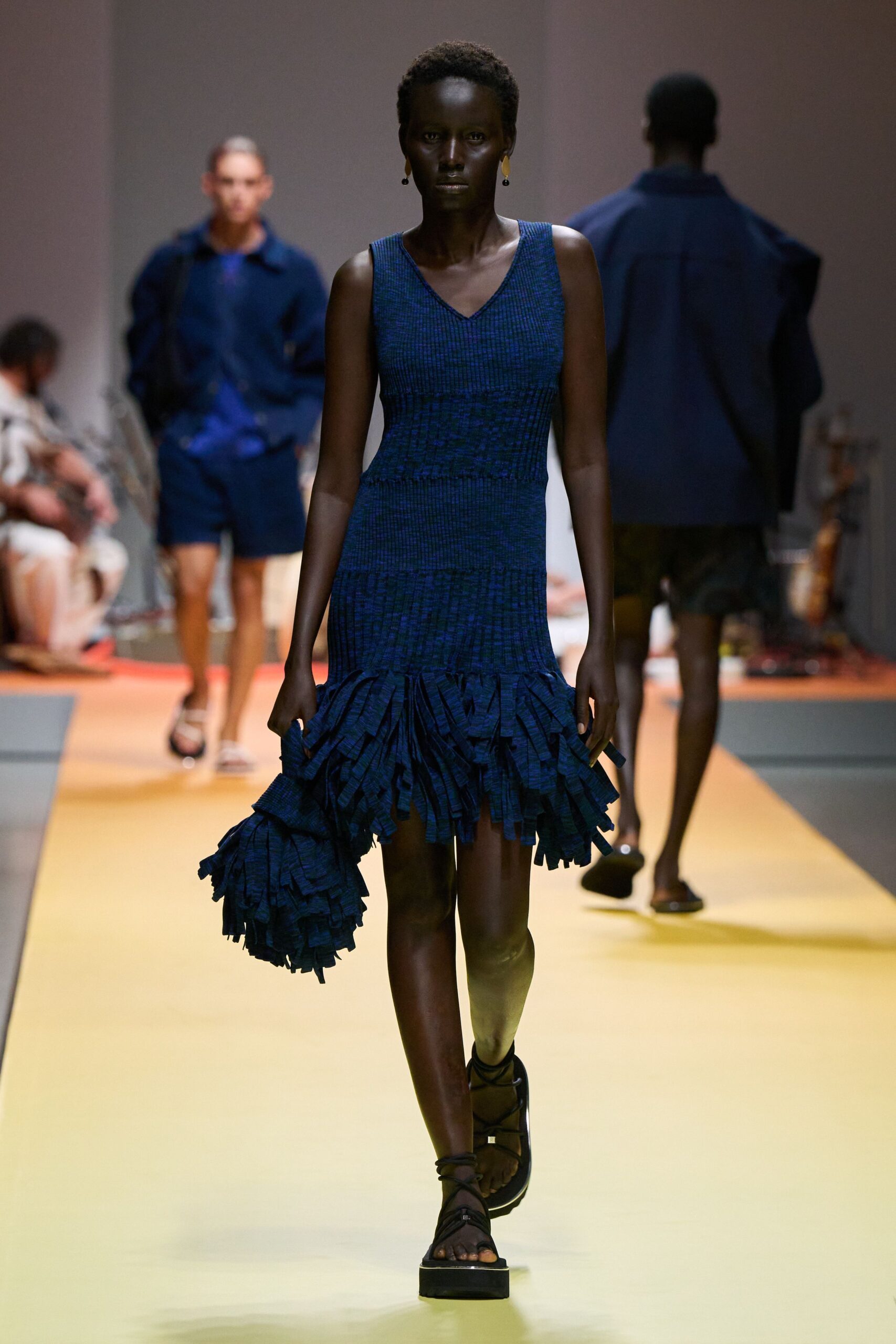 blue pleated sleeveless dress