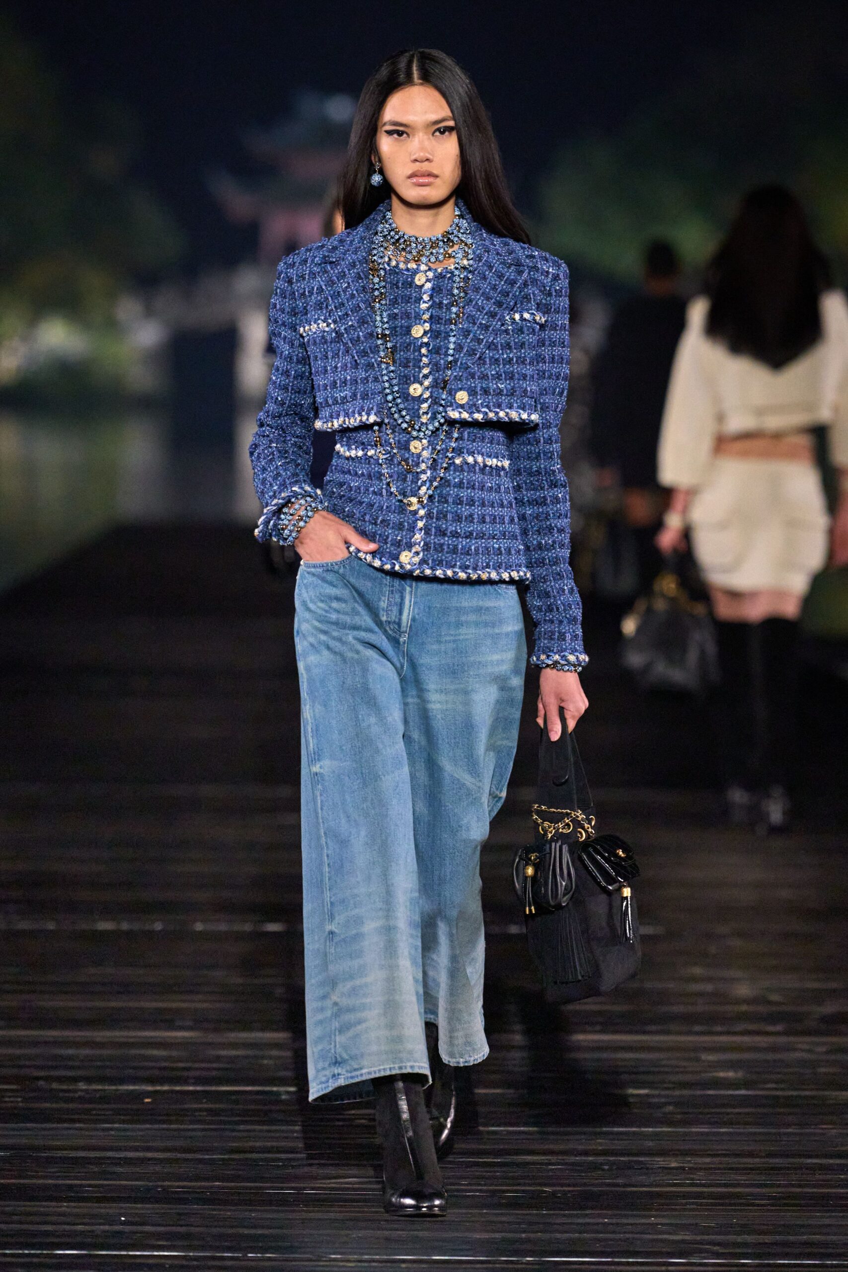 blue tweed jacket with denim pants