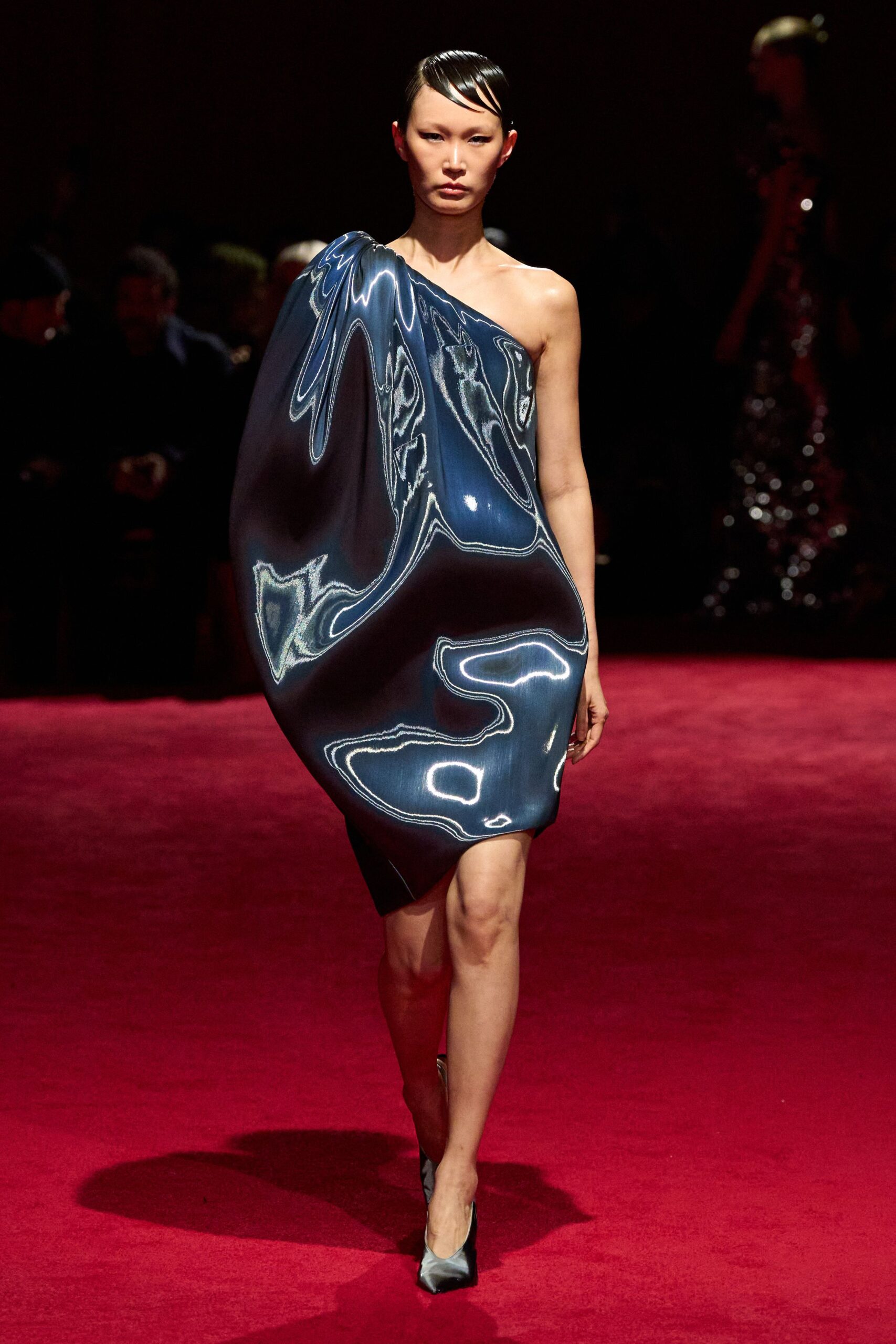 blue silk sleeveless asymmetric fitted draped shiny dress