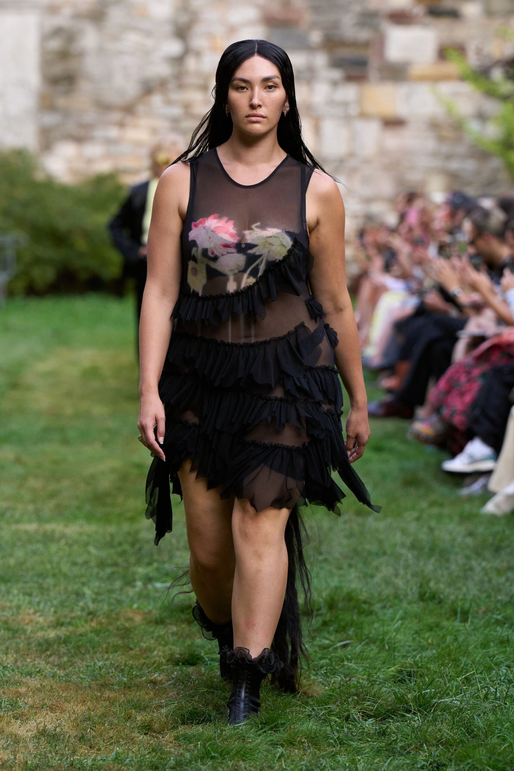 black silk sleeveless v-neck fitted ruffled sheer dress