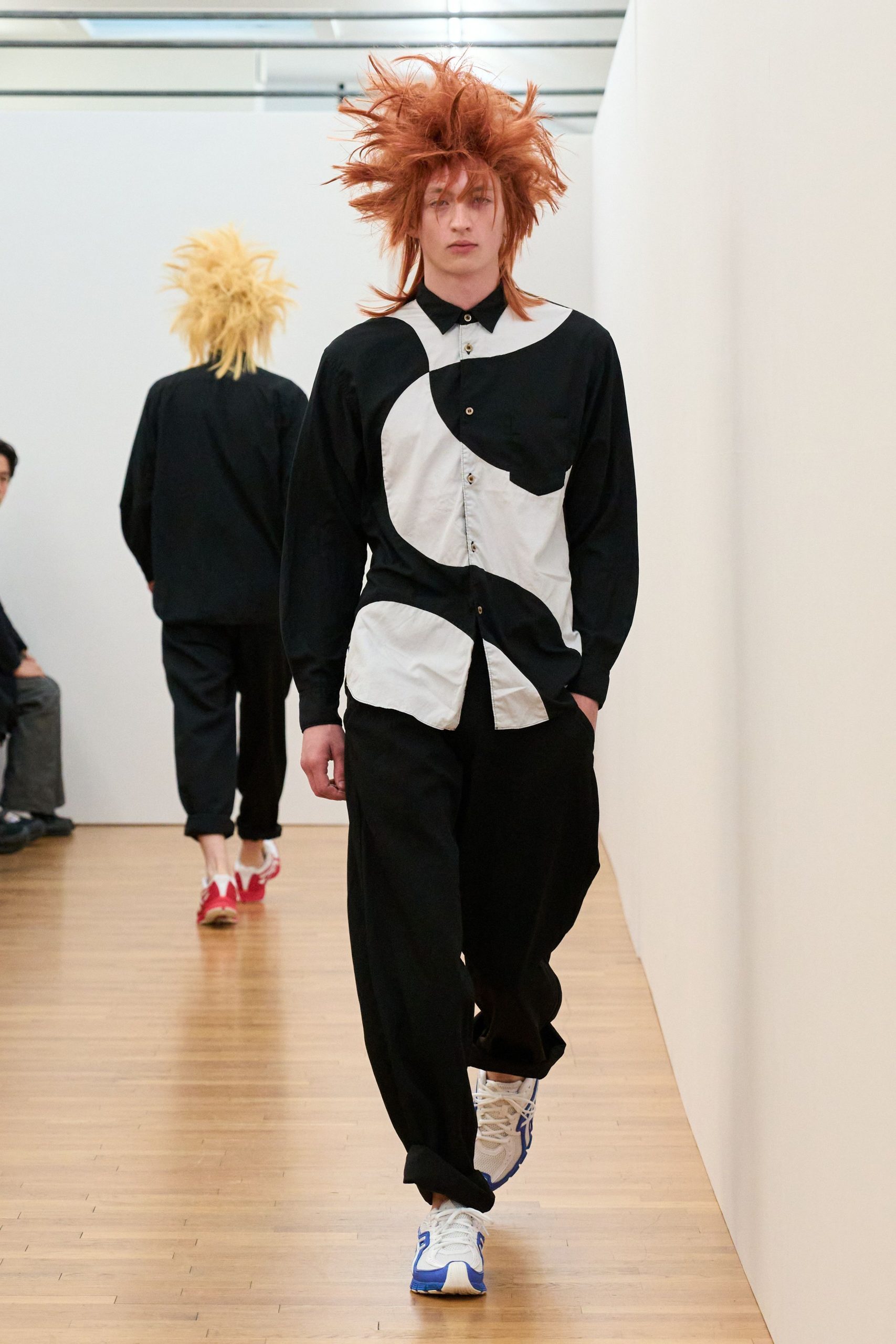 black and white color-blocked shirt with relaxed pants