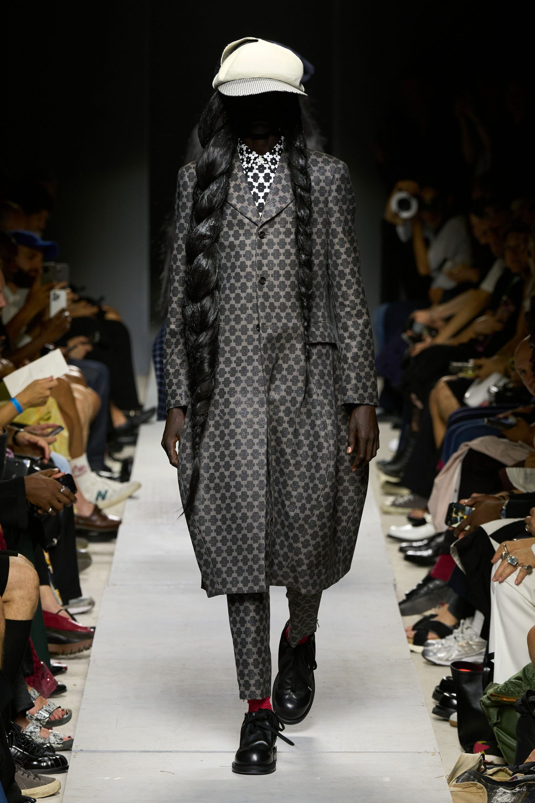 gray wool long-sleeve collared structured checked midi coat