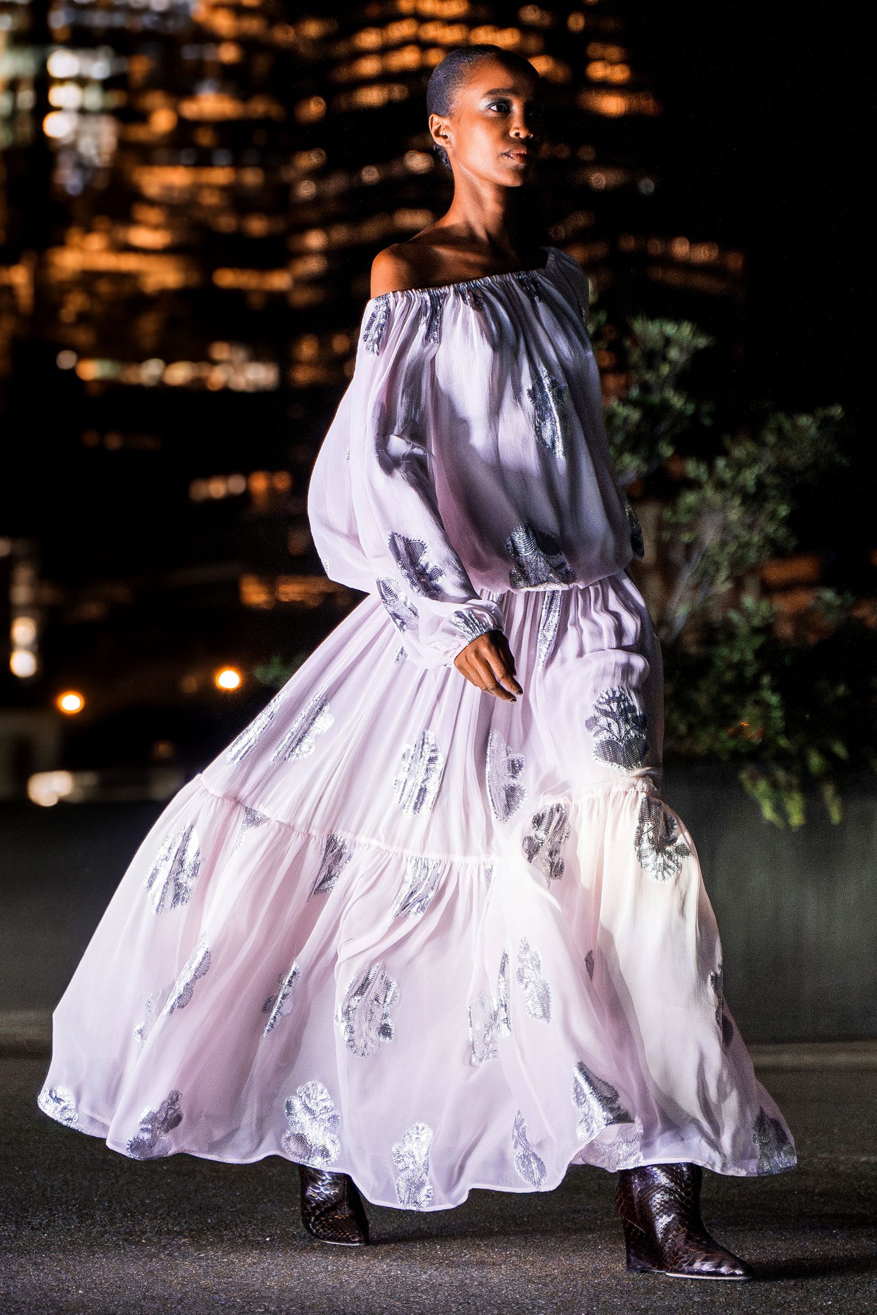 pink silk off-shoulder long-sleeve relaxed layered embroidered dress