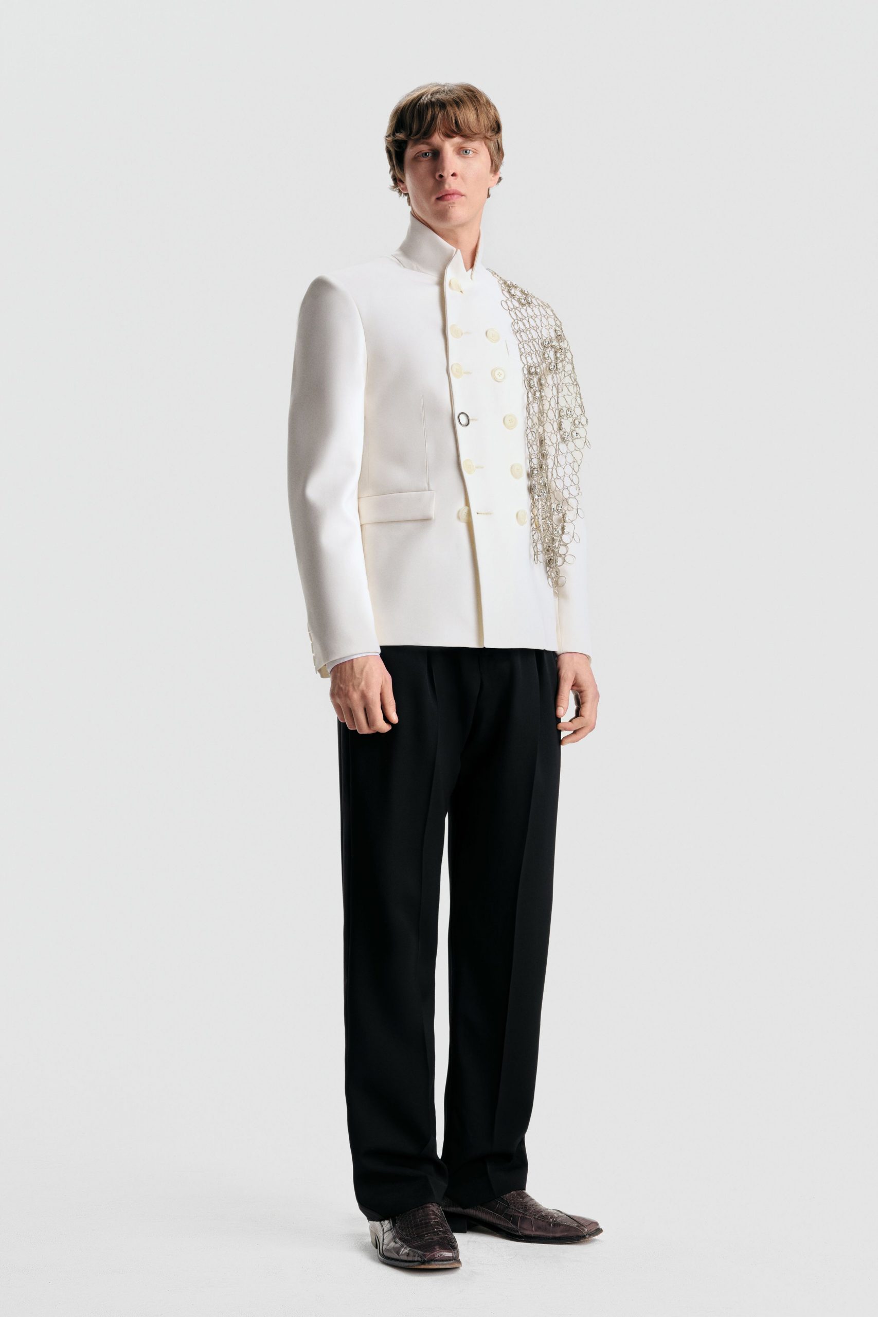 white cotton long-sleeve collared structured buttoned embroidered jacket