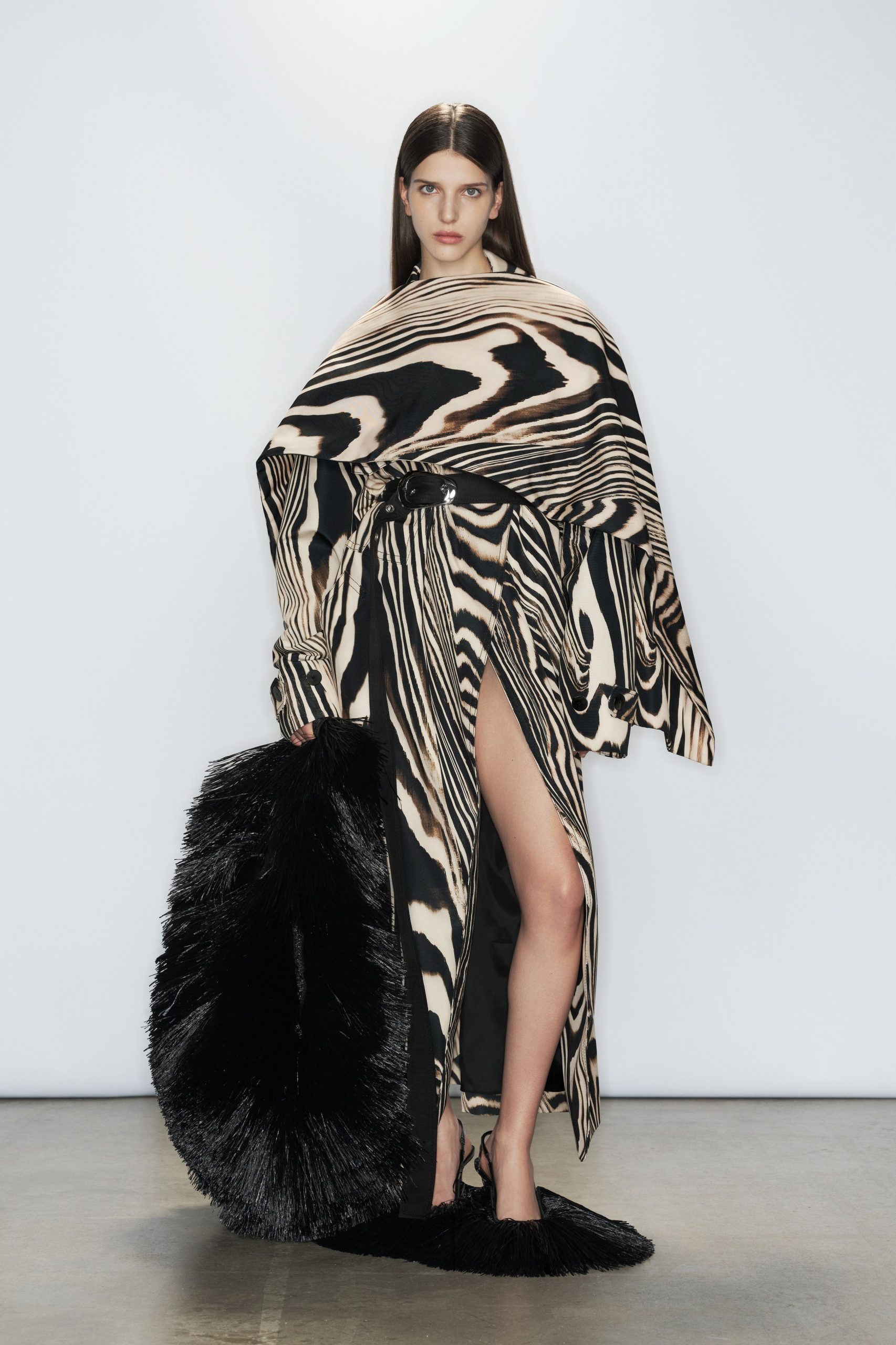 black silk long-sleeve v-neck relaxed printed maxi dress