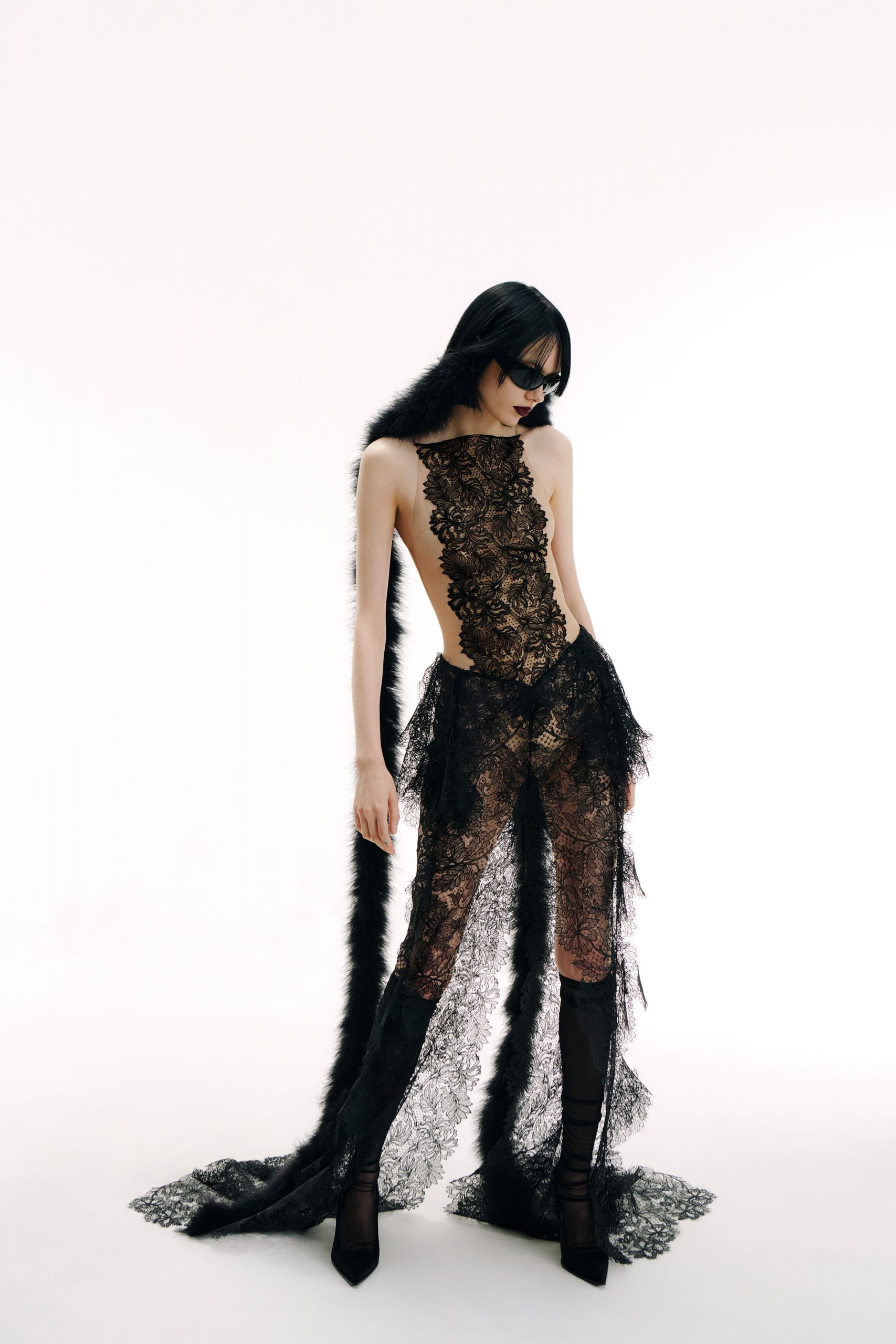 black lace sleeveless high-neck fitted ruffled gown