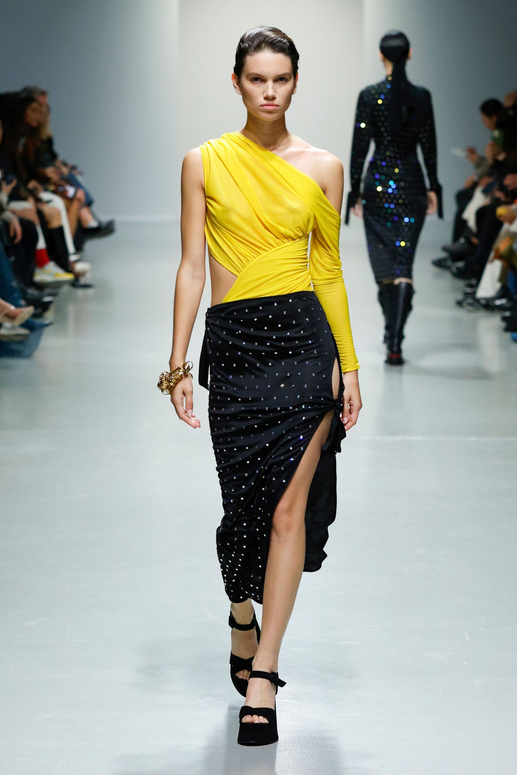yellow sleeveless asymmetric fitted draped top