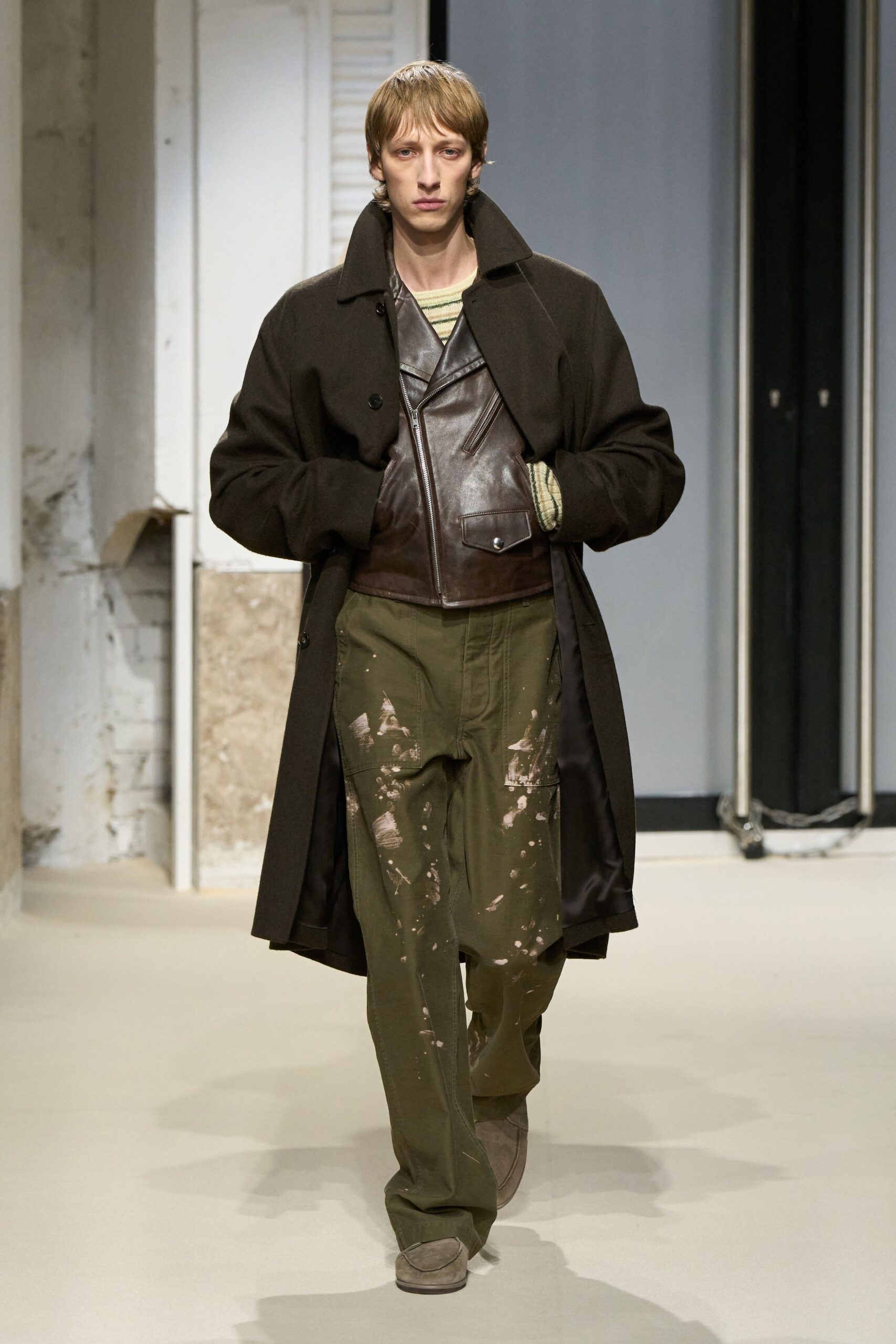 black wool coat brown leather jacket