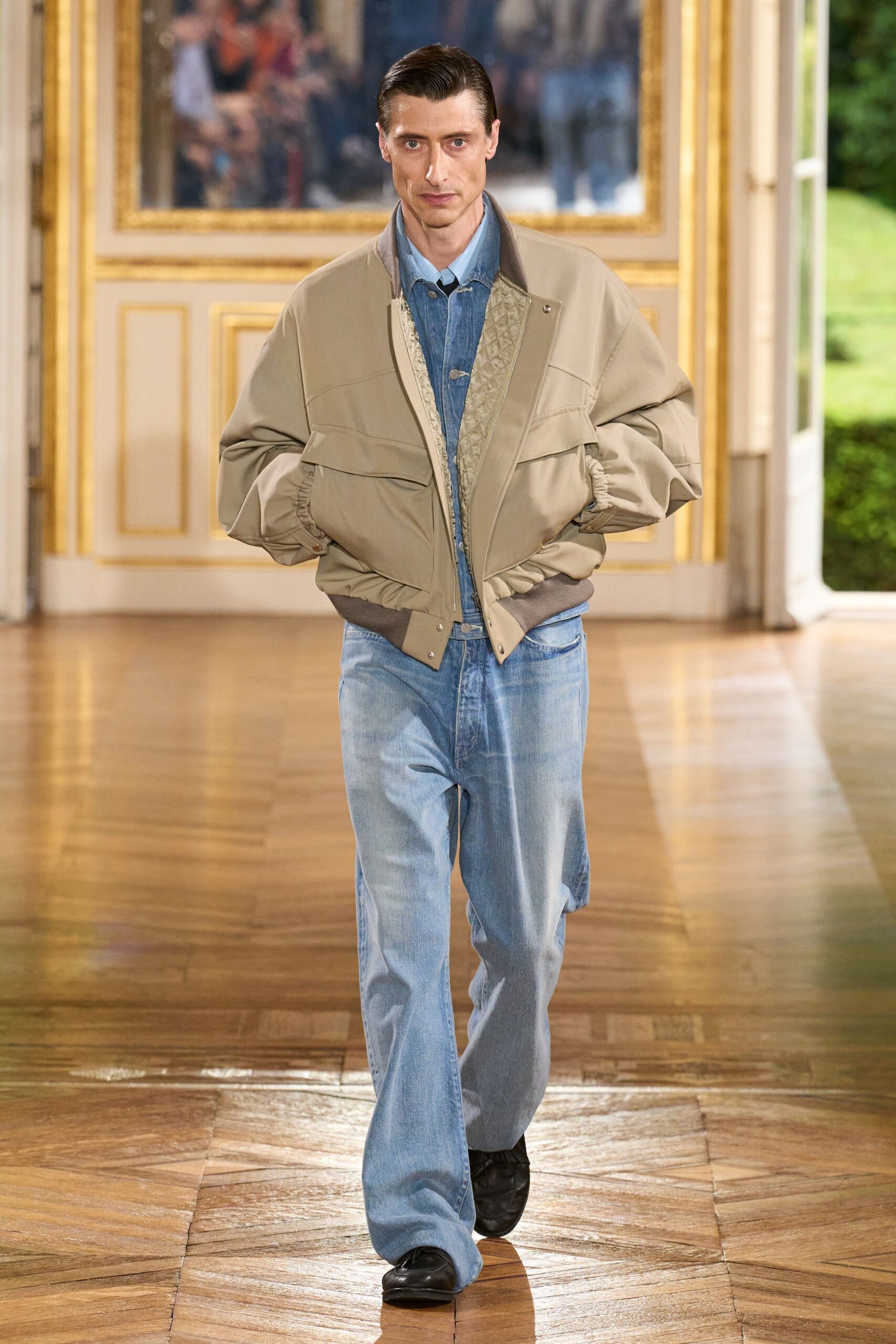 beige relaxed jacket with blue shirt