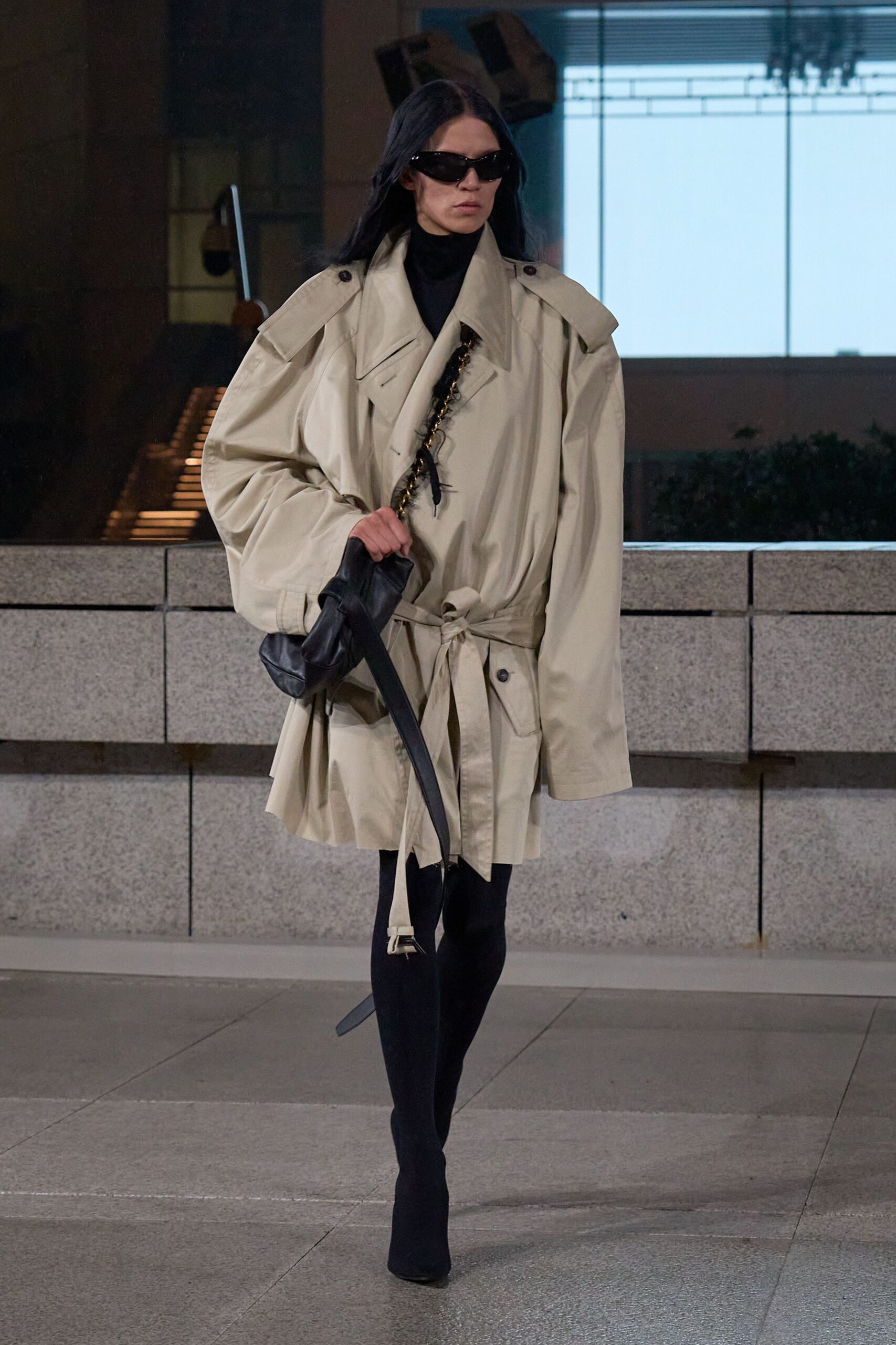 beige cotton long-sleeve collared oversized belted zippered trench