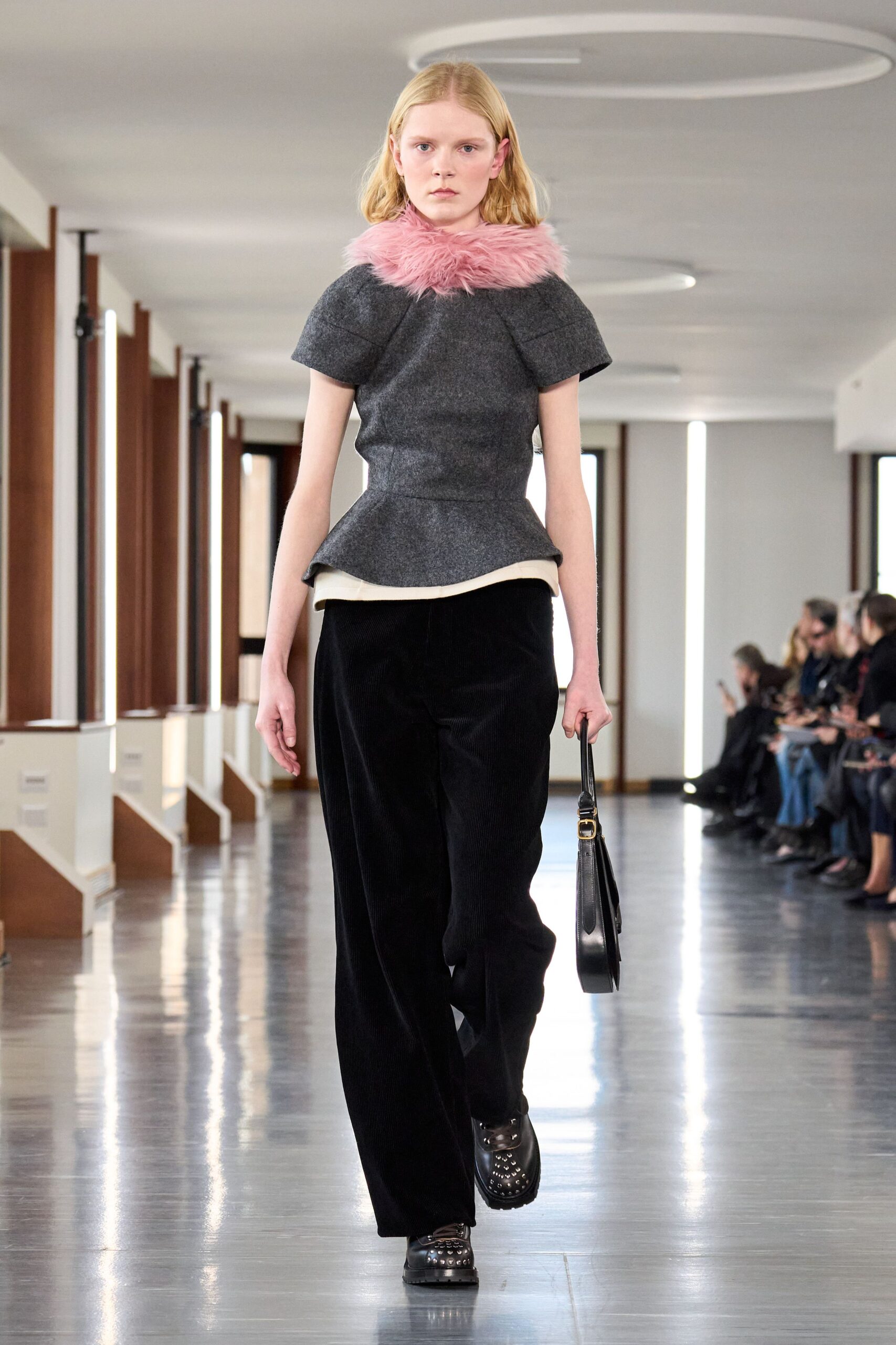 gray wool short-sleeve high-neck fitted flared ruffled top