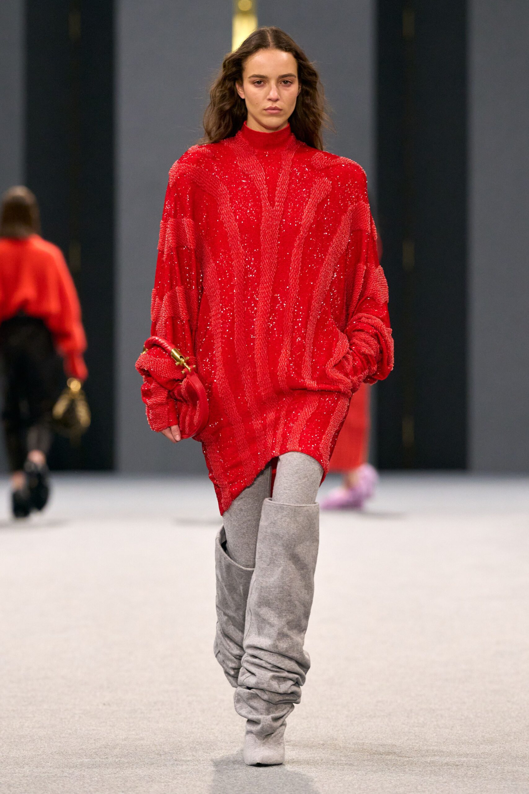 red wool long-sleeve high-neck oversized beaded textured sweater