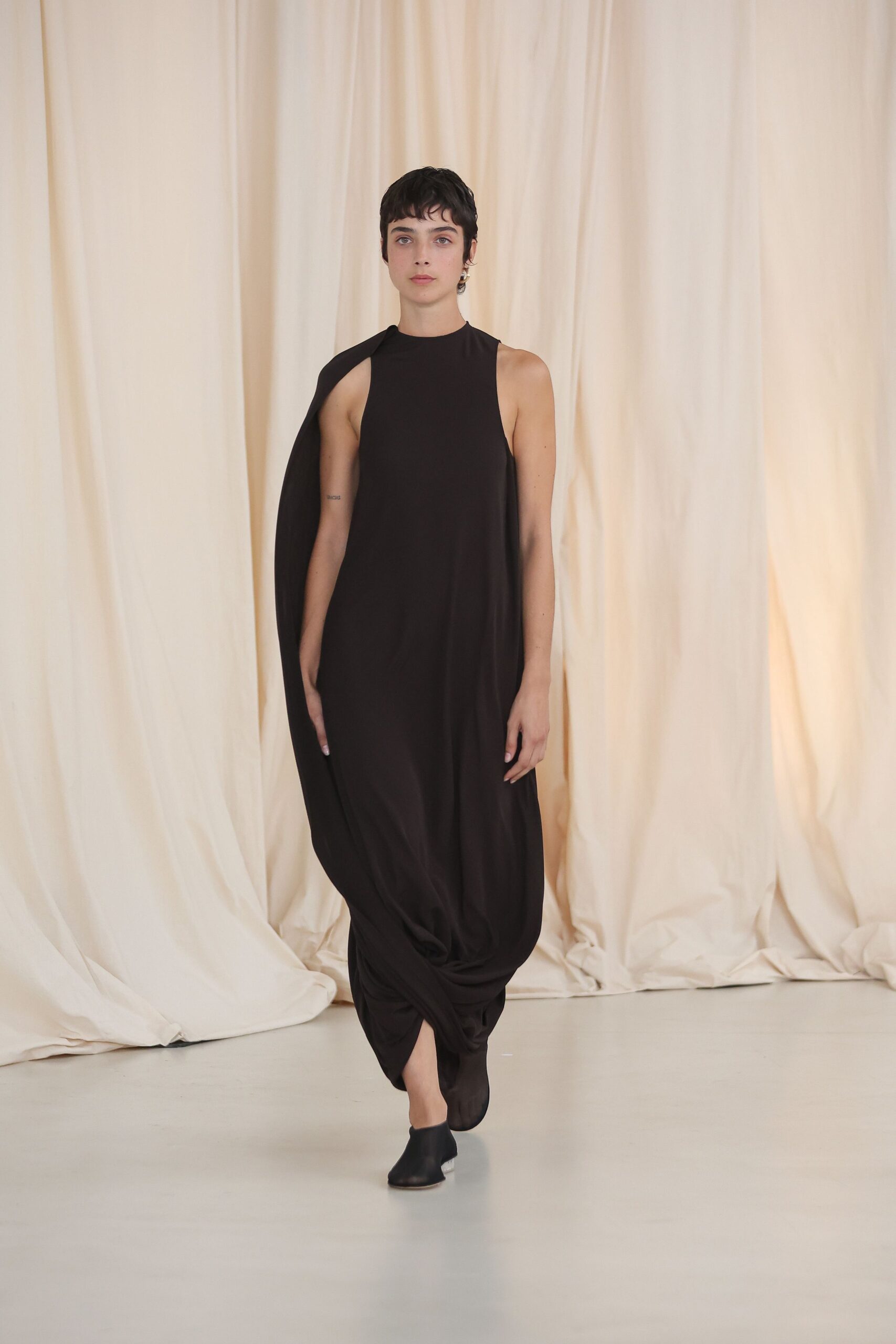 black chiffon sleeveless high-neck relaxed draped layered dress