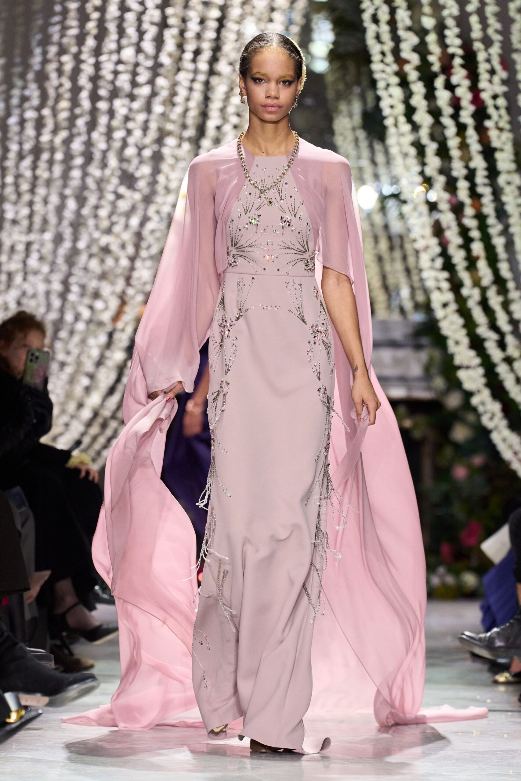 pink silk long-sleeve oversized draped flowing cape