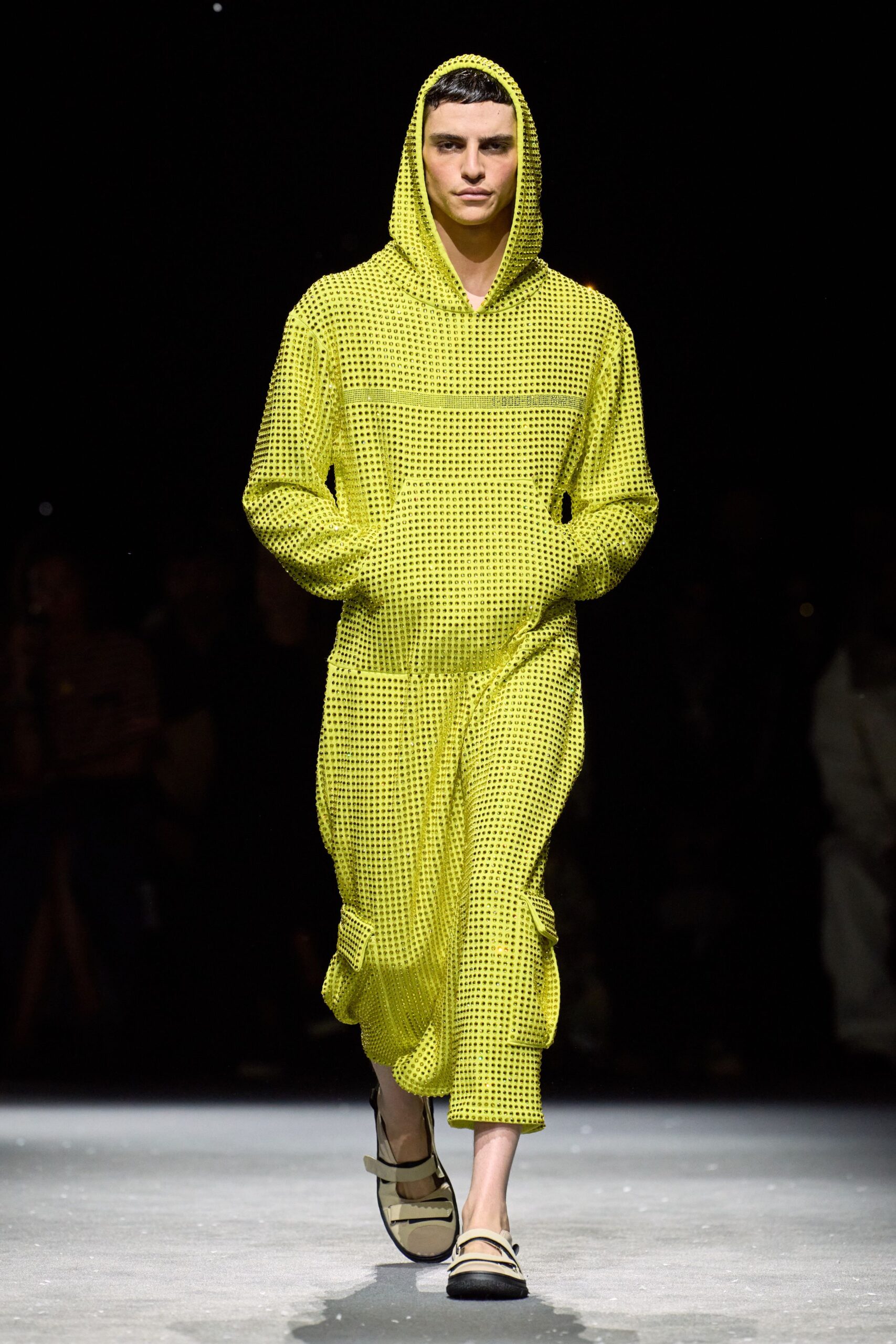 yellow cotton hooded long-sleeve relaxed textured jumpsuit