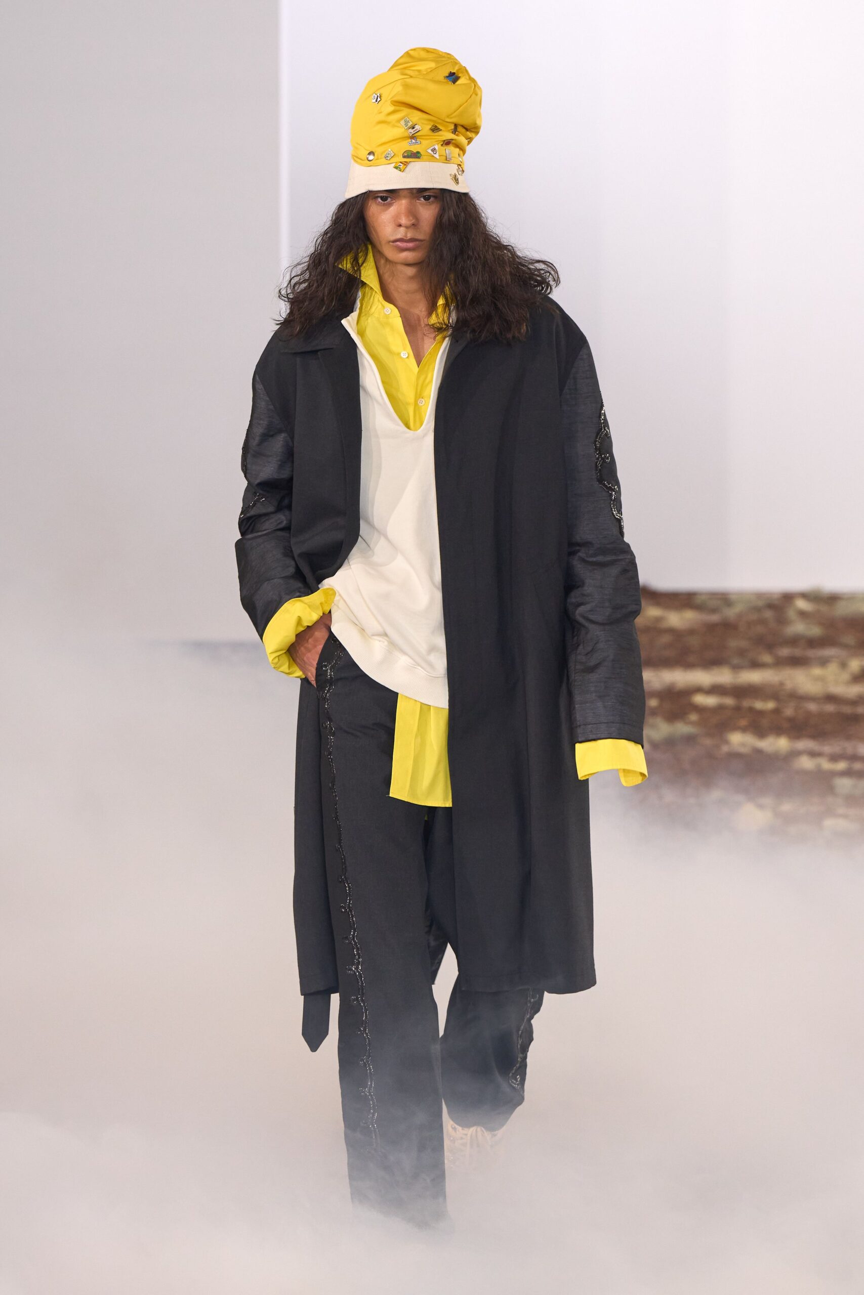 black cotton long-sleeve collared oversized layered embellished coat