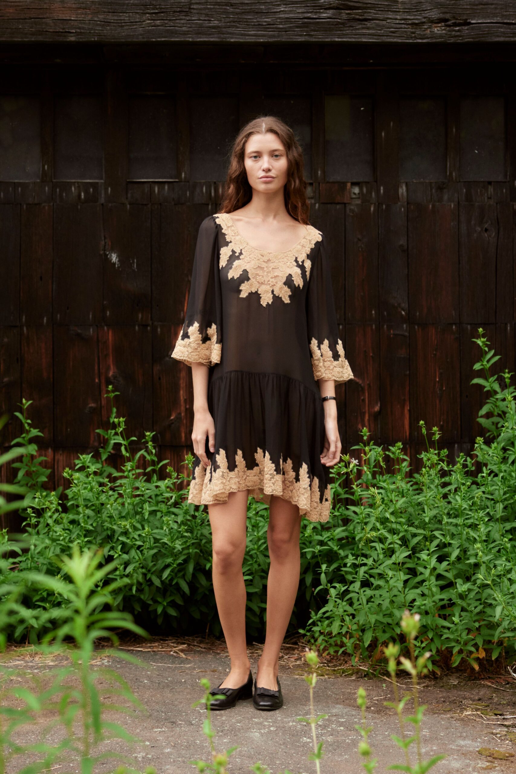 black silk long-sleeve v-neck fitted embroidered ruffled dress