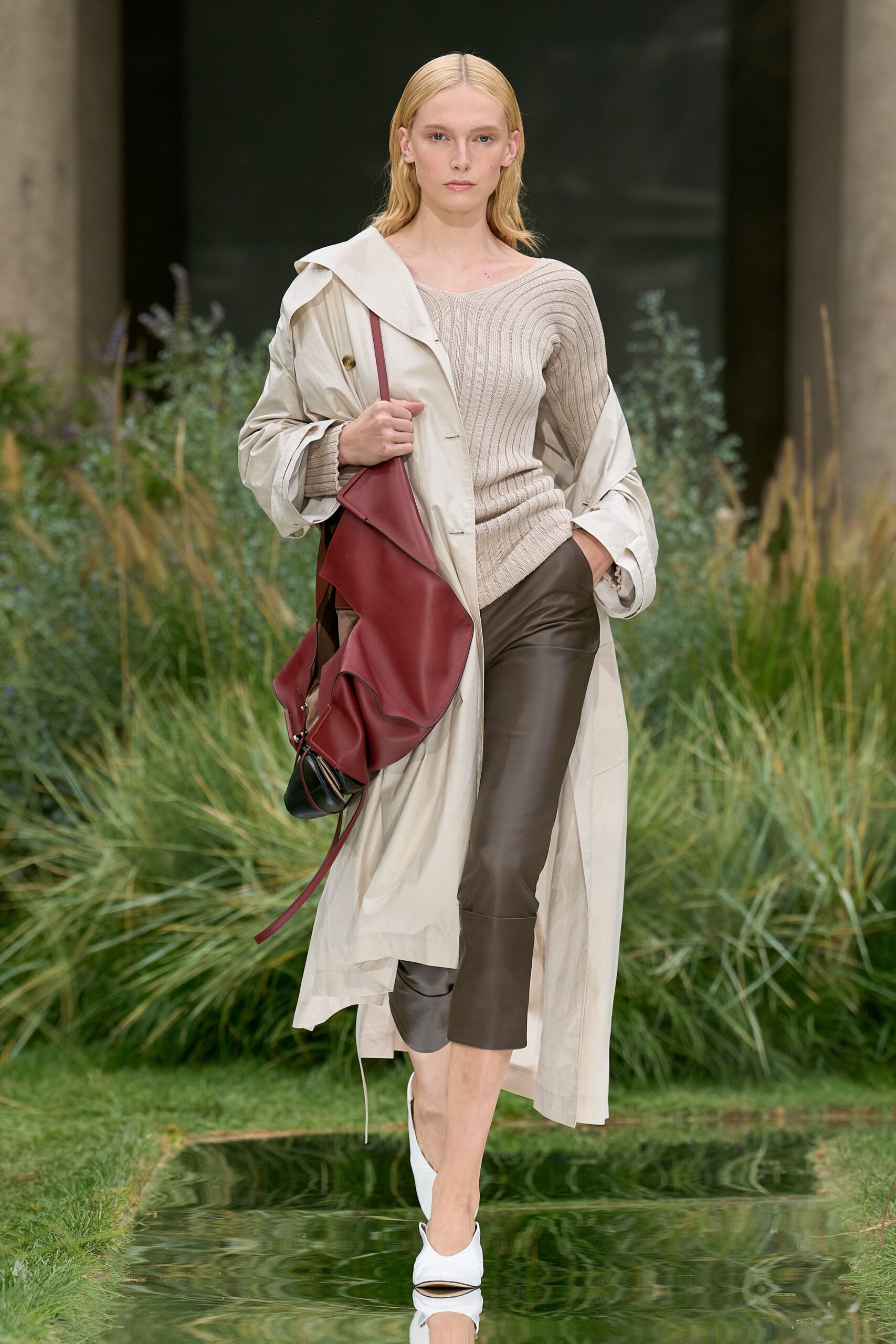 beige trench coat gray sweater