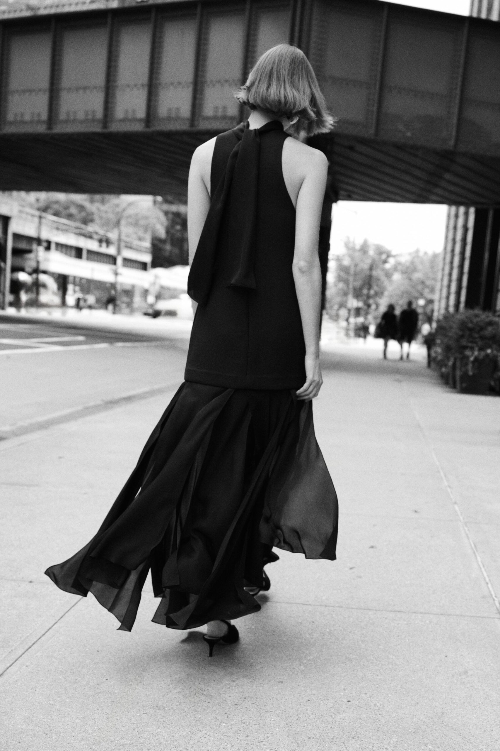 black silk sleeveless high-neck relaxed draped layered dress