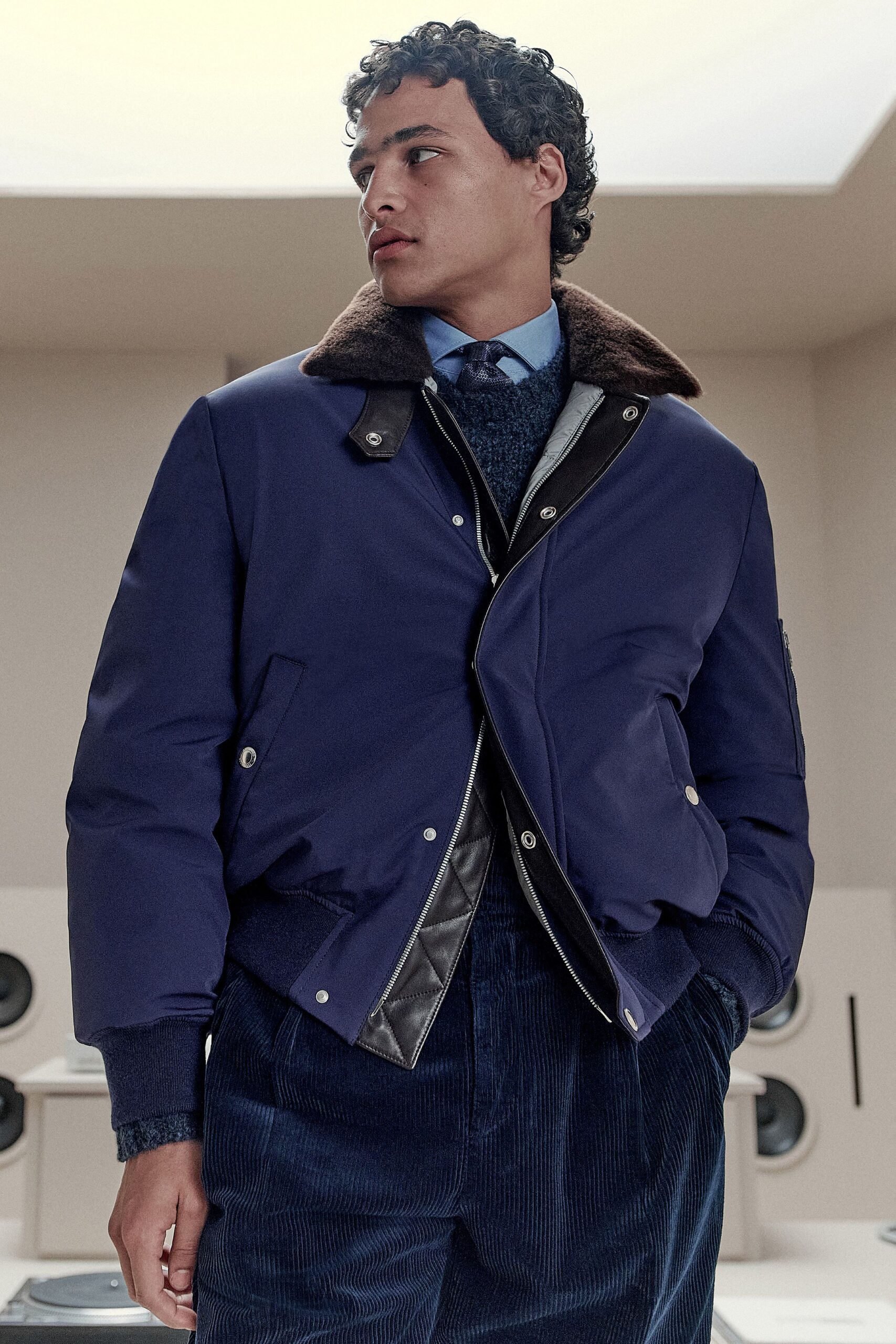 blue cotton long-sleeve collared structured zippered jacket