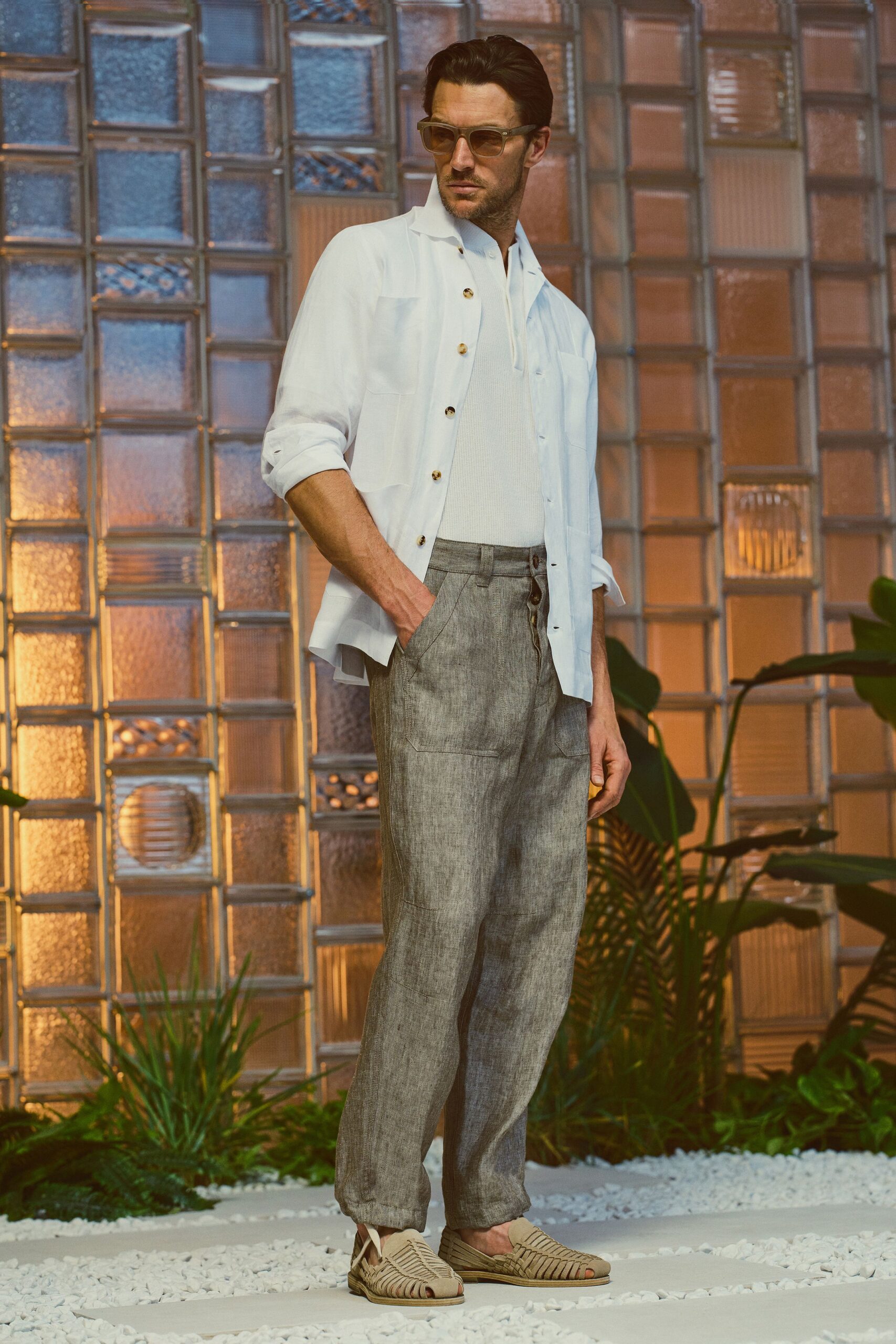 beige linen relaxed pleated pants