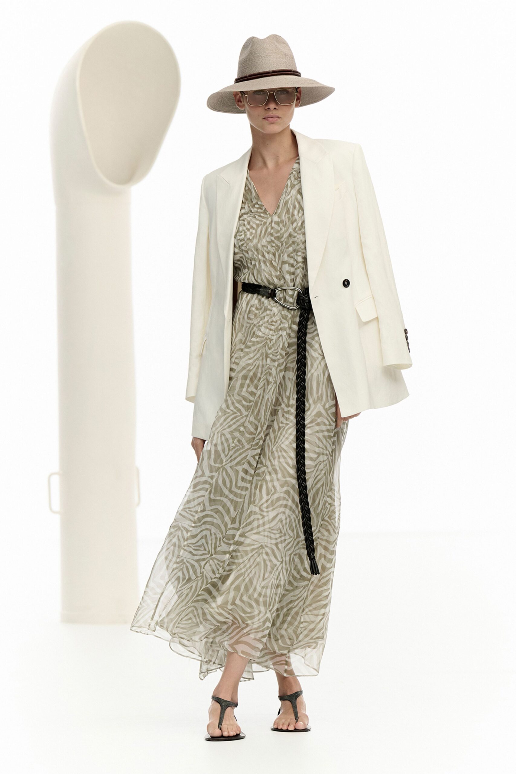 beige silk v-neck sleeveless fitted printed tiered dress