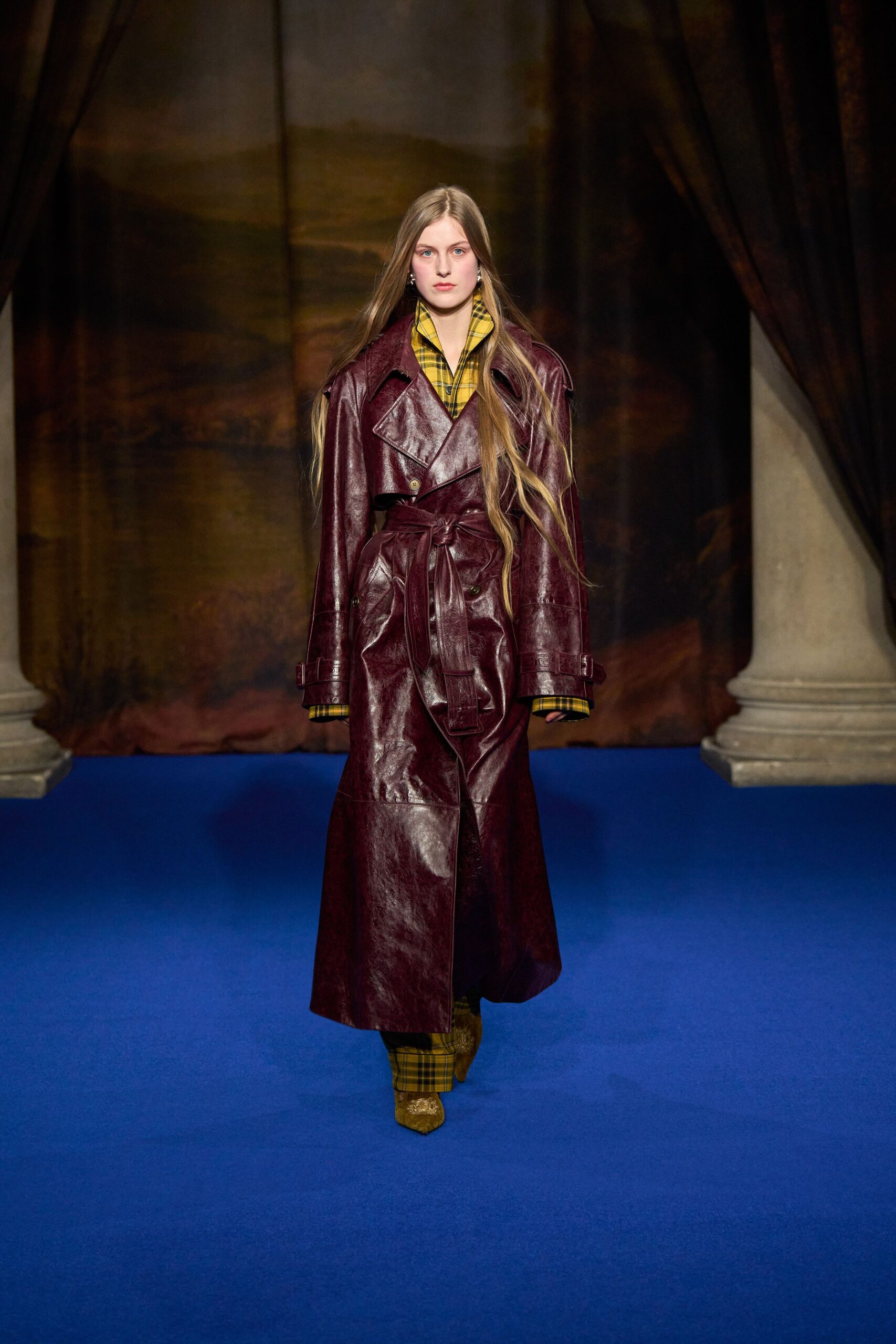 maroon leather long-sleeve collared fitted belted maxi coat