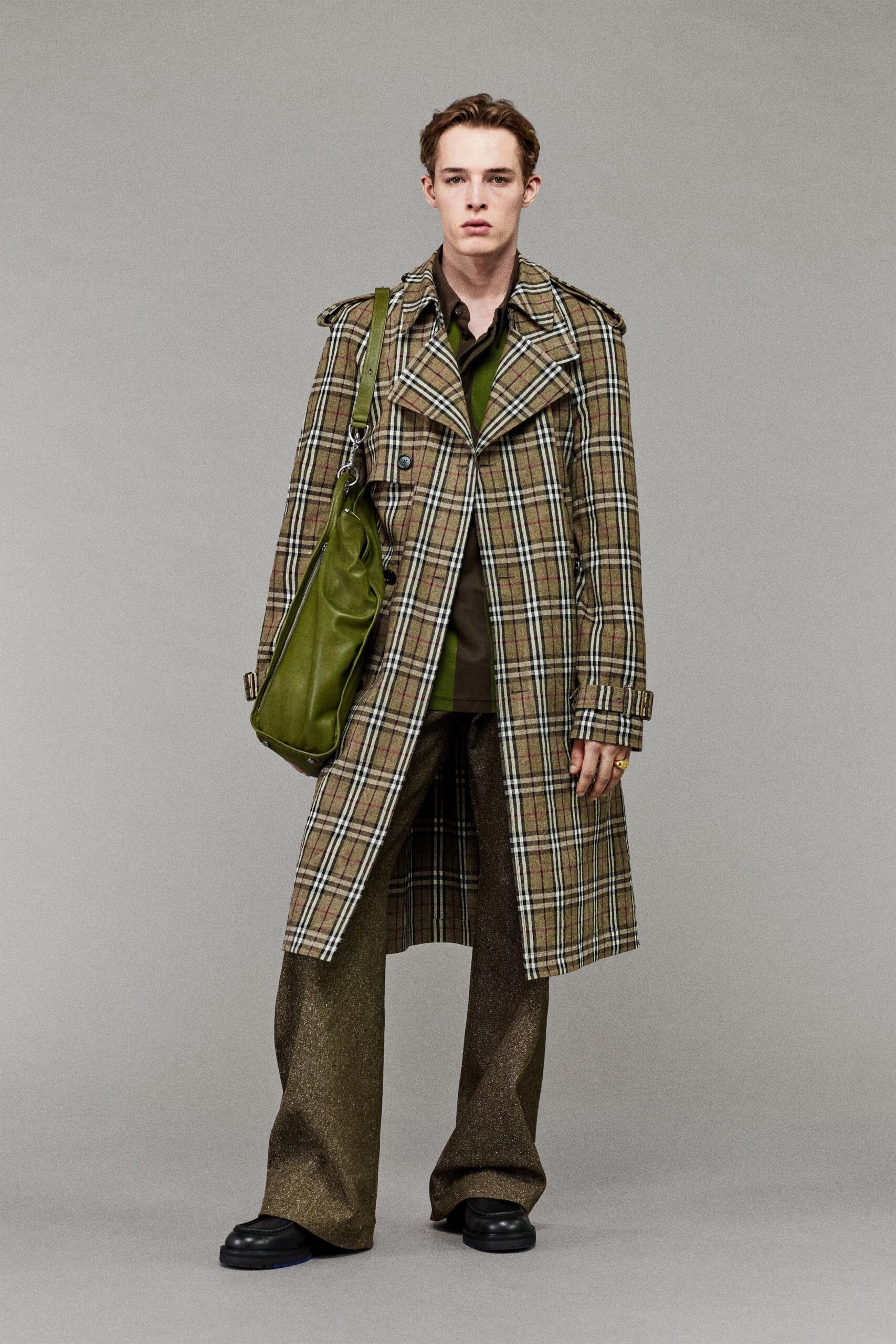 brown checked coat with green shirt