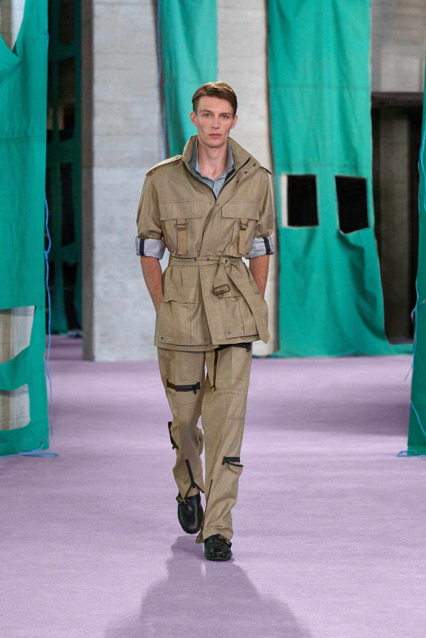 beige relaxed jacket with slim pants
