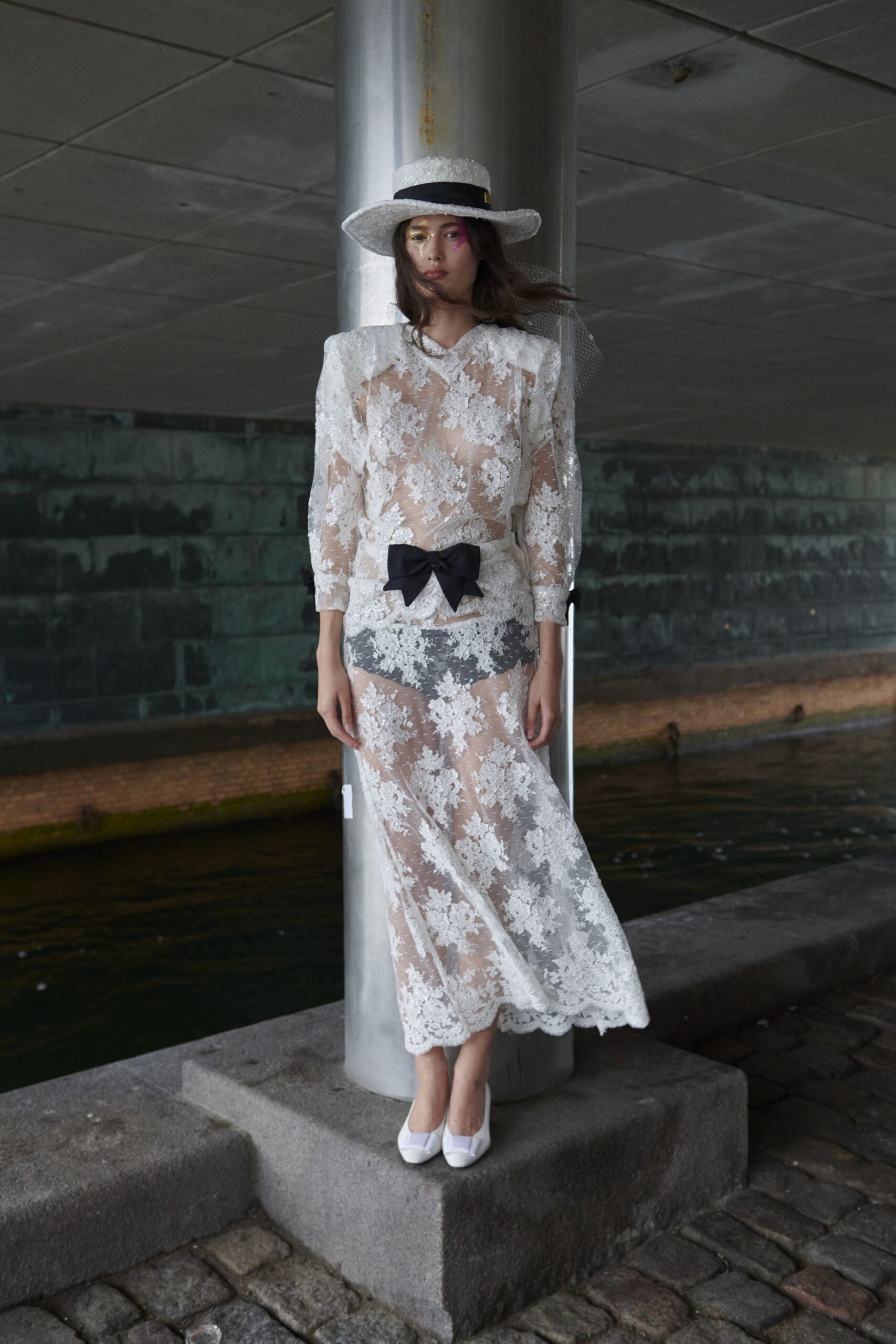 white lace long-sleeve high-neck fitted floral layered dress