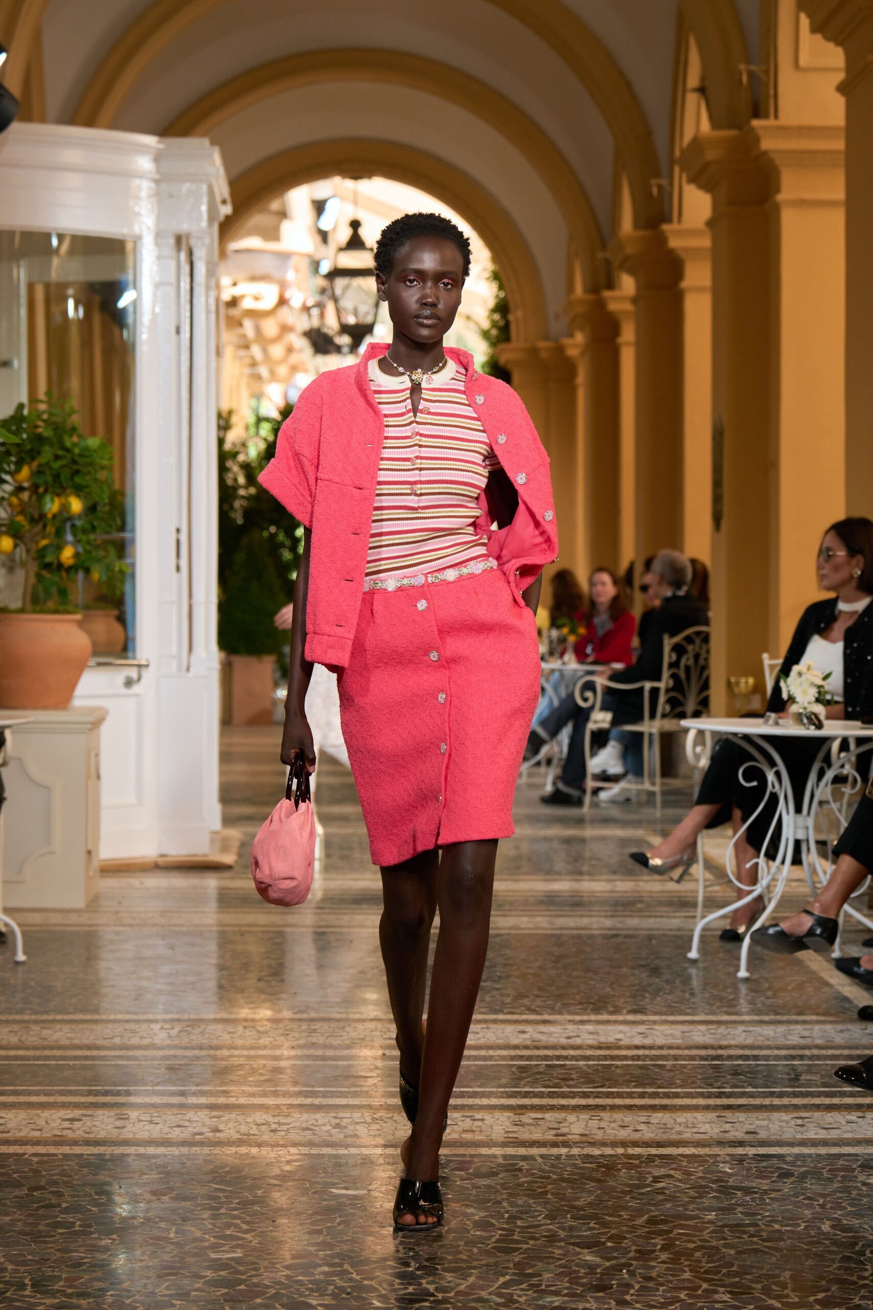 pink wool short-sleeve collared oversized buttoned textured jacket