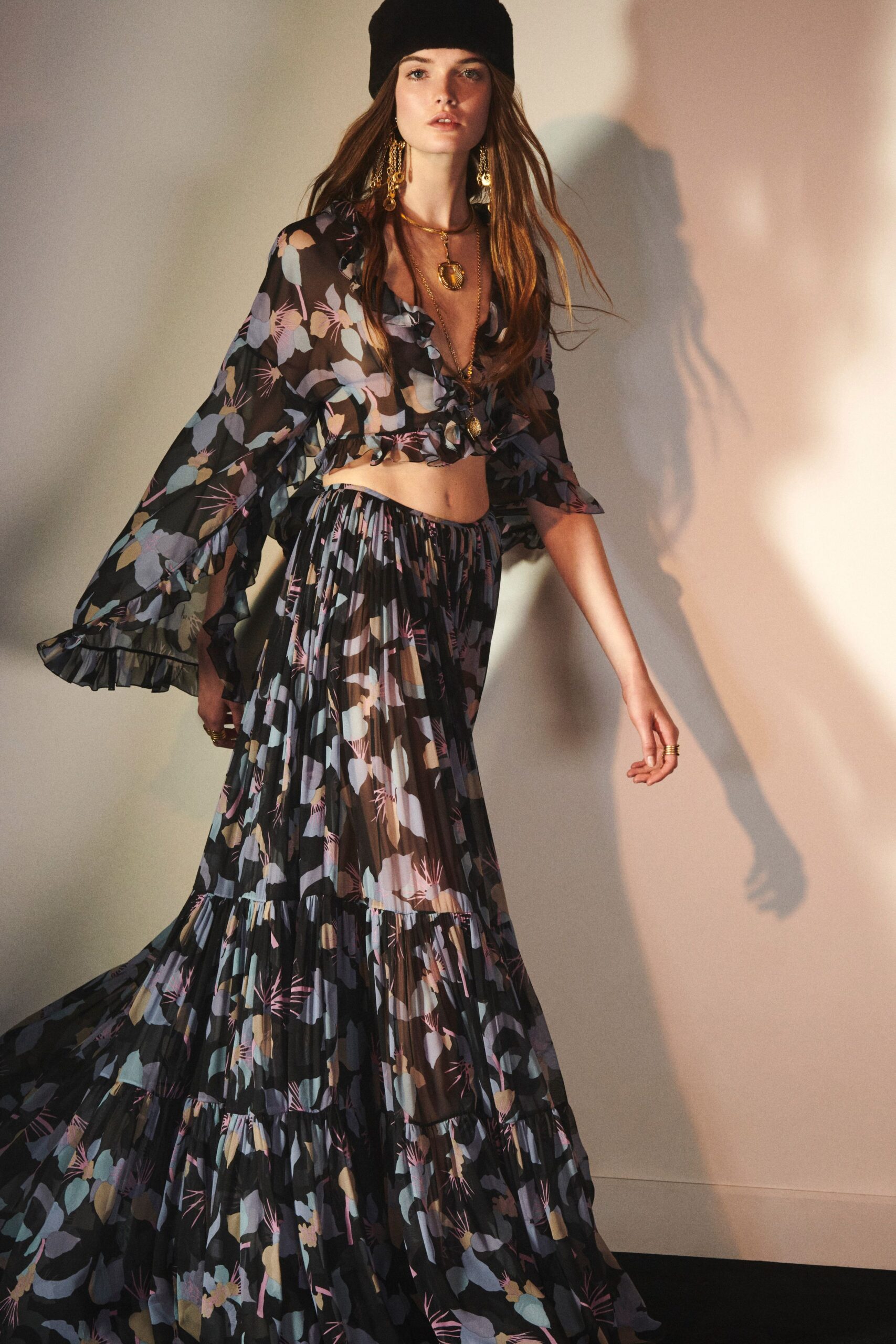 multi-colored chiffon top and skirt
