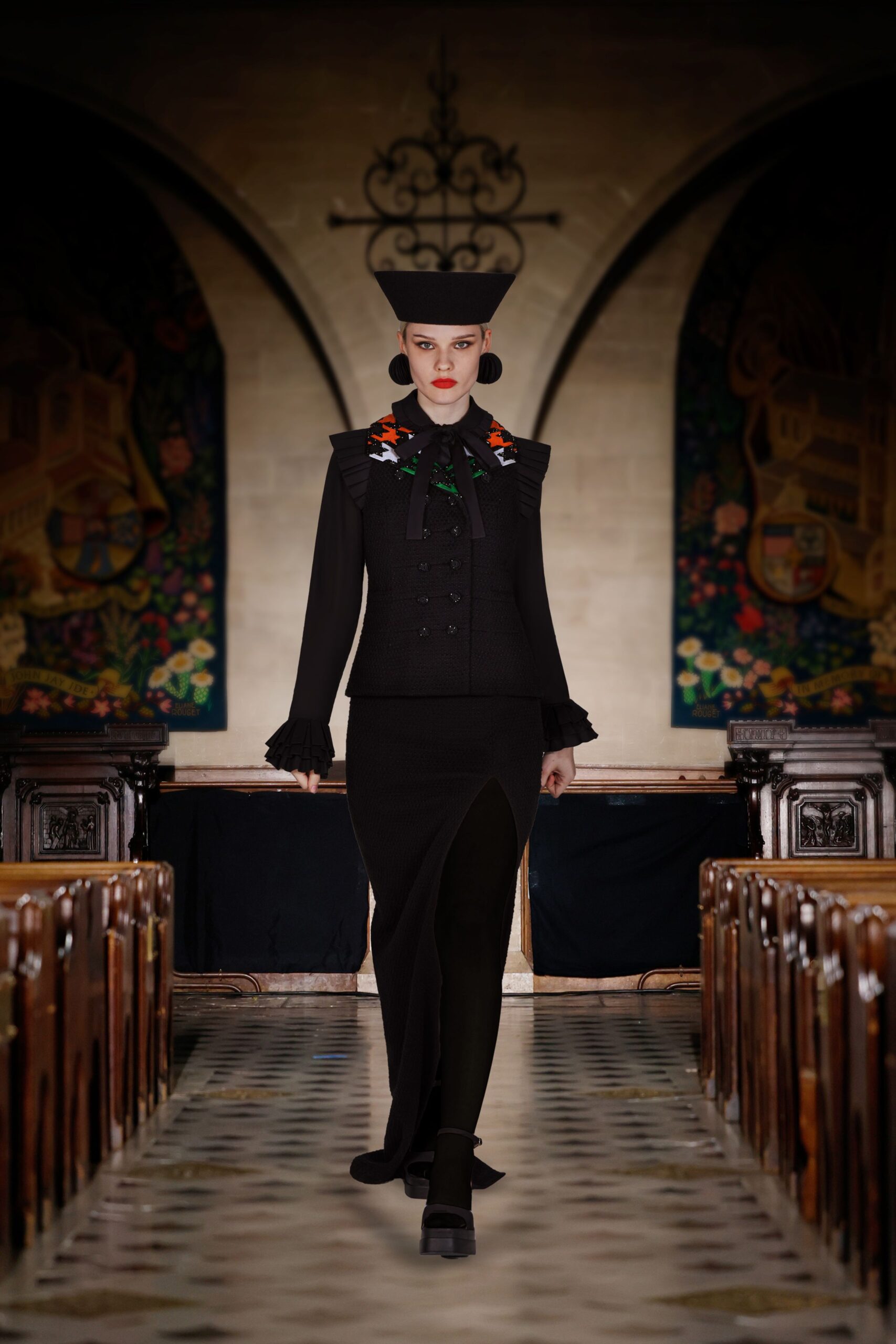 black cotton long-sleeve collared fitted buttoned ruffled blouse