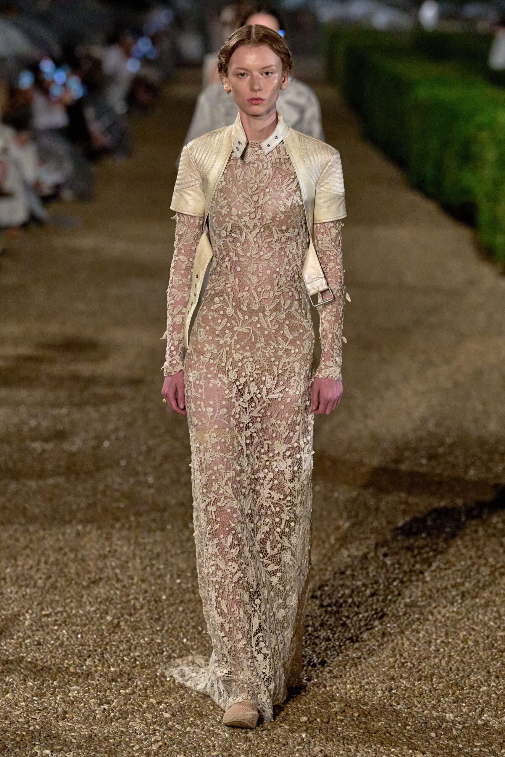 beige lace gown with white jacket