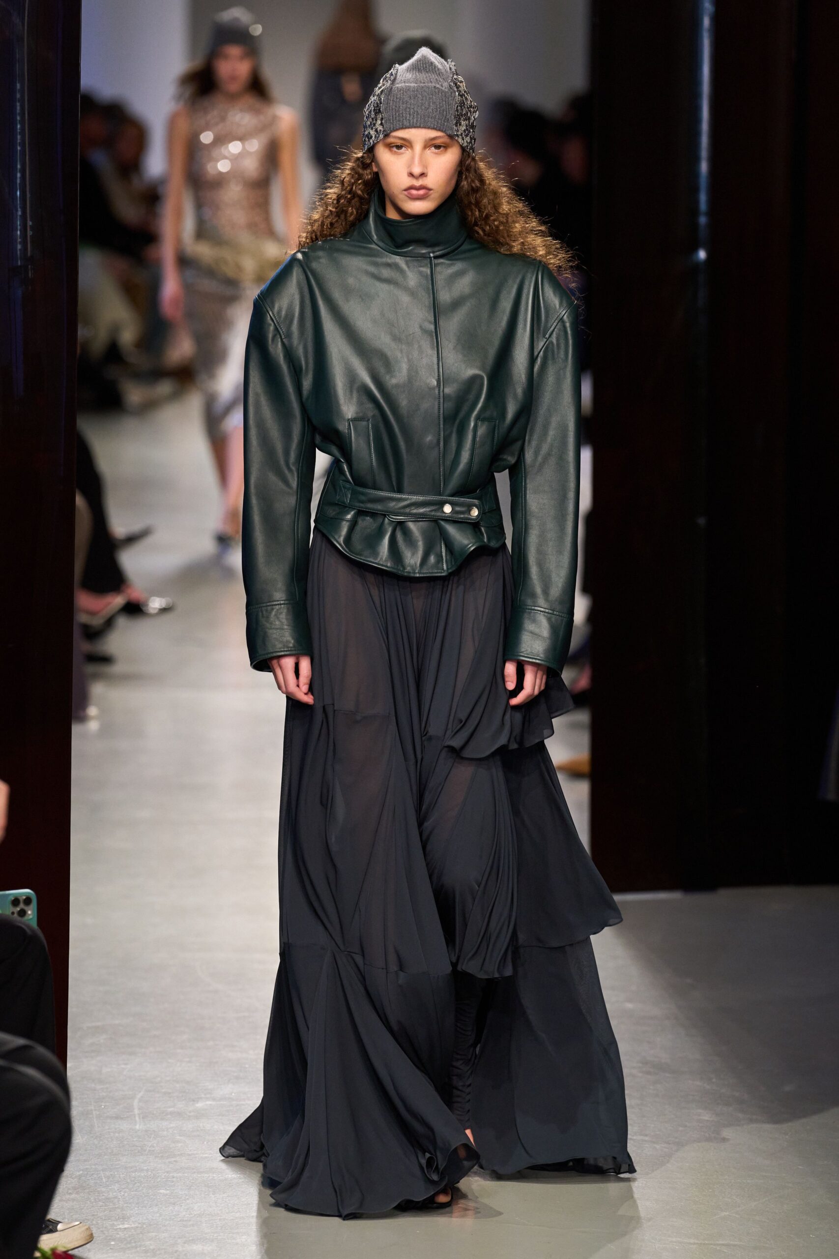 green leather long-sleeve collared fitted belted coat