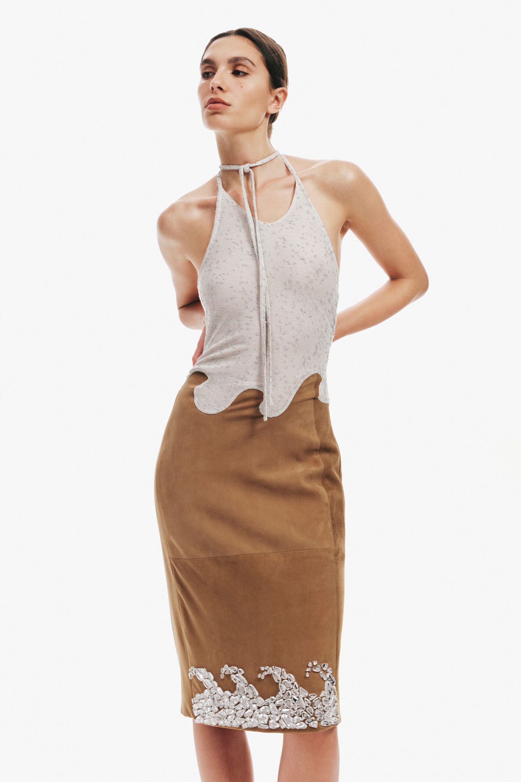 brown suede fitted pencil skirt