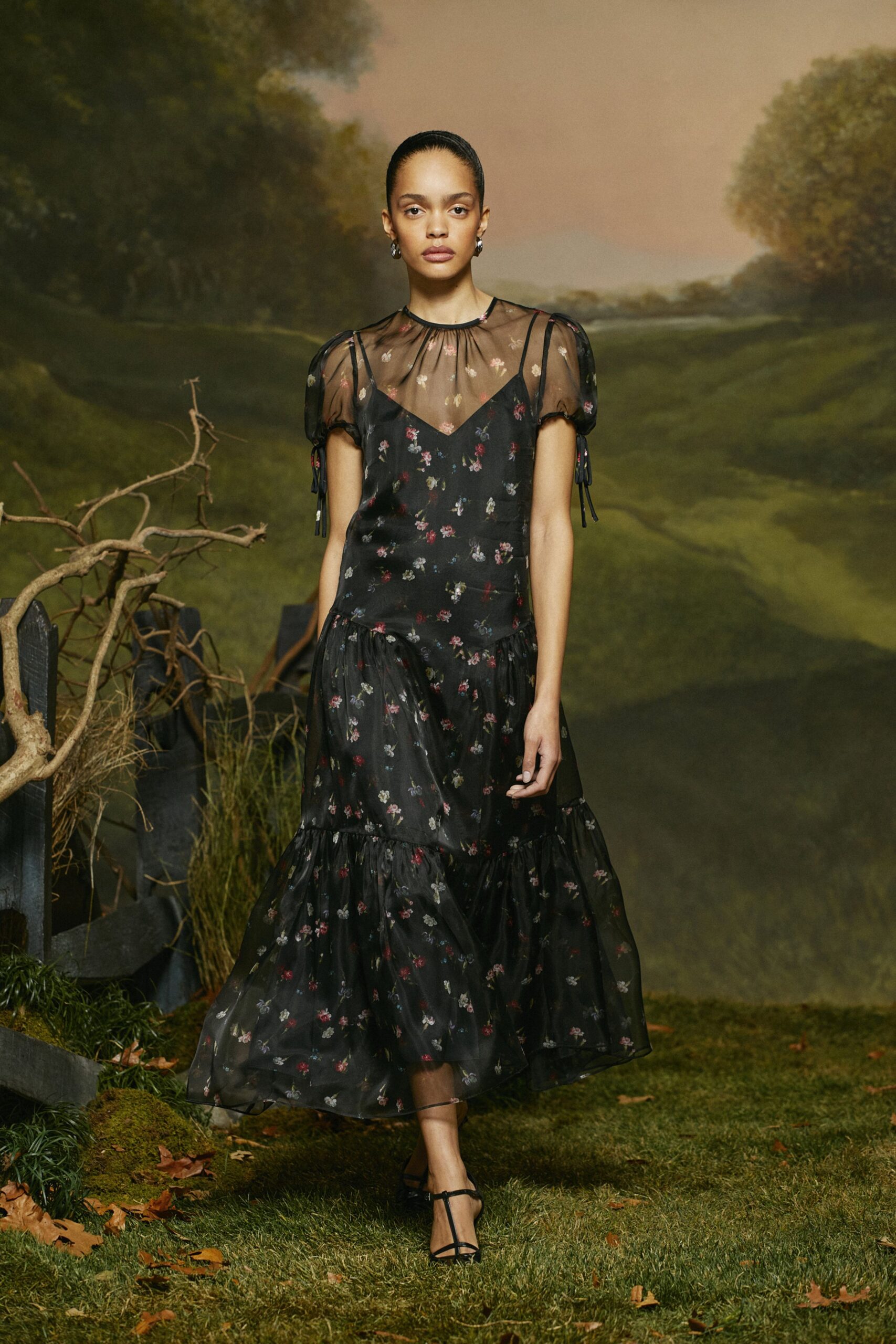 black silk sleeveless v-neck fitted floral tiered dress